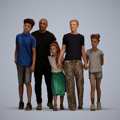 realistic 3D girl casual kids, scanned archviz people for Blender and 3ds Max, wireframe front view