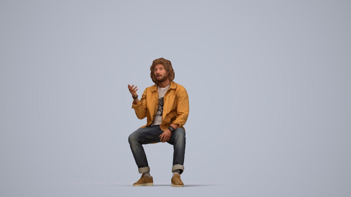 realistic 3D man casual sitting, scanned archviz people for Blender and 3ds Max, top-down view render