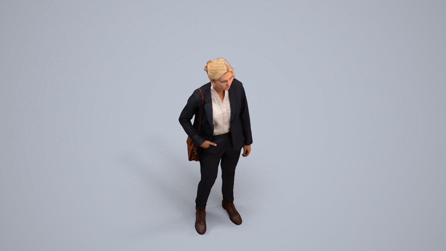 realistic 3D human woman business, archviz people FBX OBJ for Blender, back view render