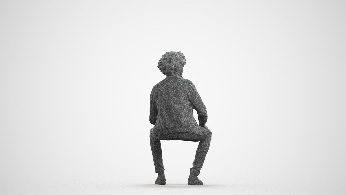 scanned 3D man casual sitting, photogrammetry people for Enscape and V-Ray, wireframe front view