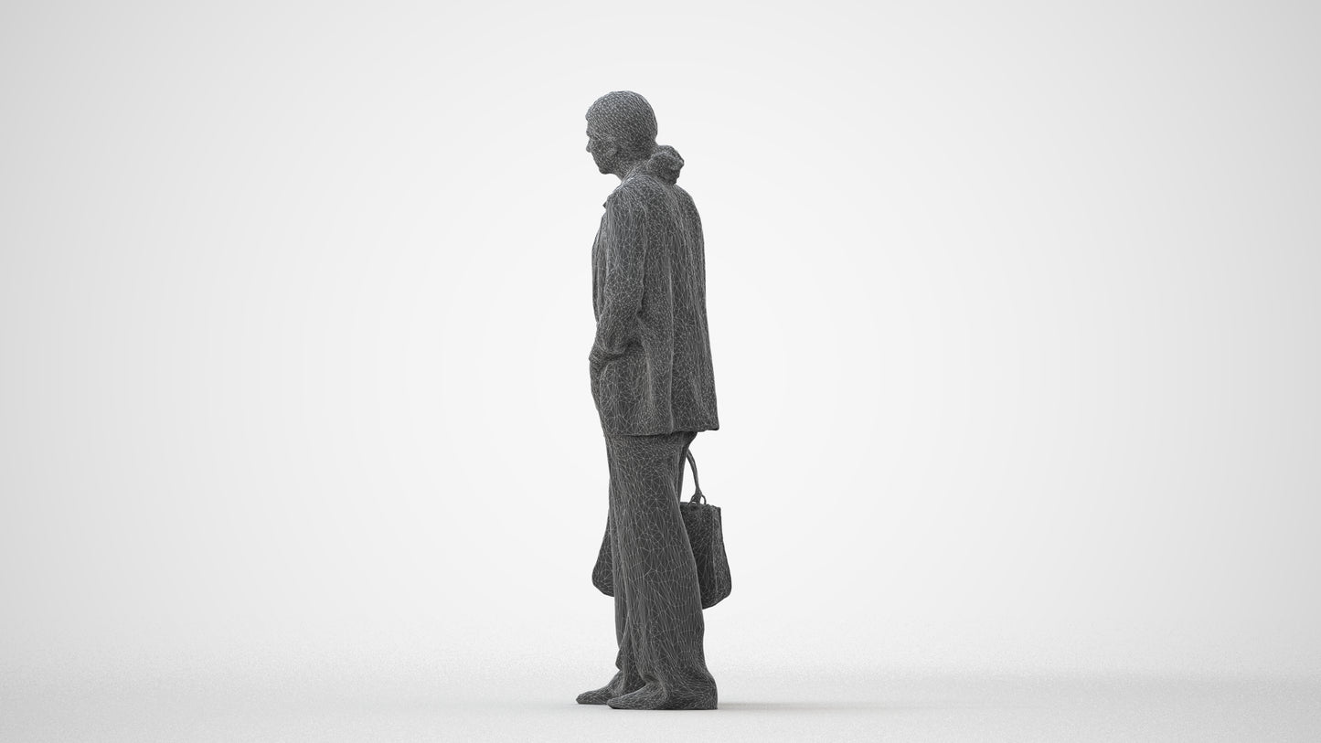 3D scanned woman business, photorealistic archviz people for Enscape and SketchUp, wireframe side view