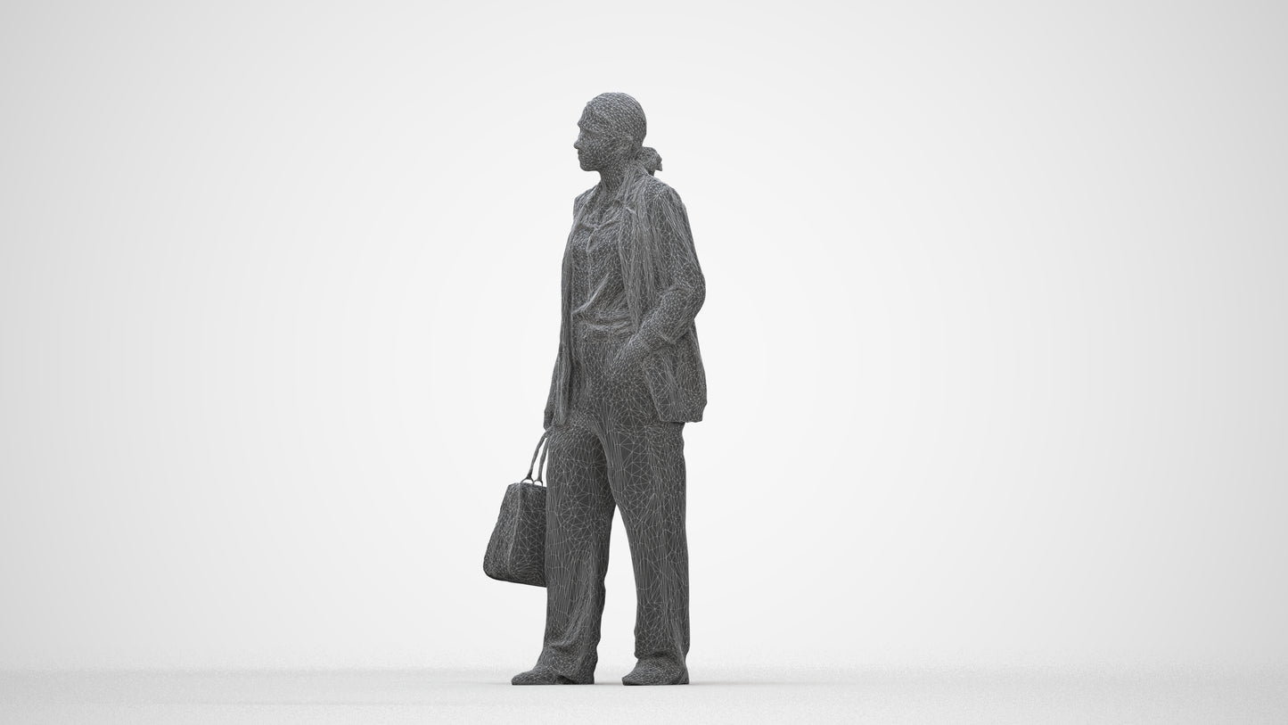 3D scanned woman business, photorealistic archviz people for Enscape and SketchUp, wireframe three-quarter back view