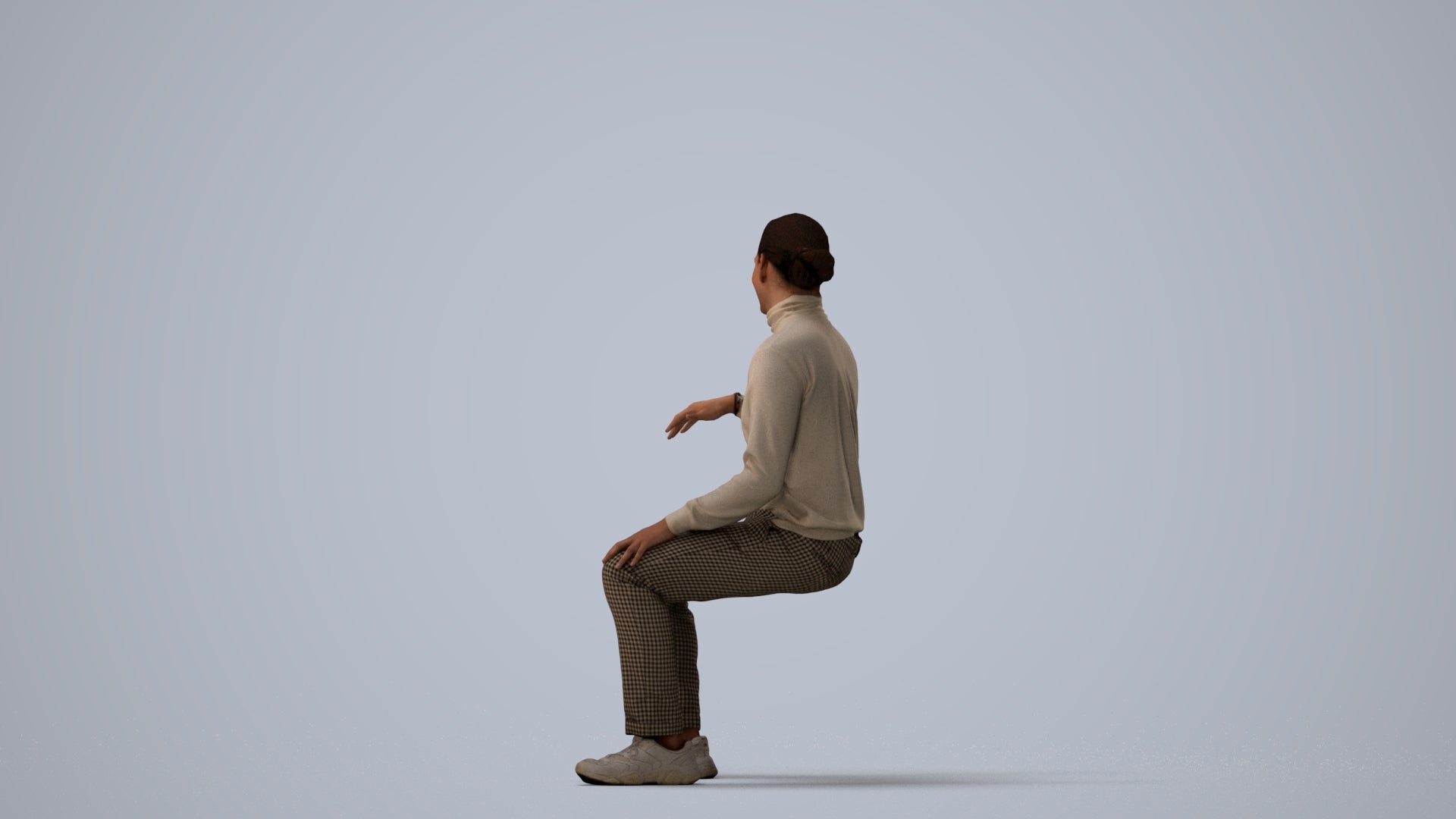 photogrammetry 3D man casual sitting, realistic human model archviz FBX, three-quarter view render