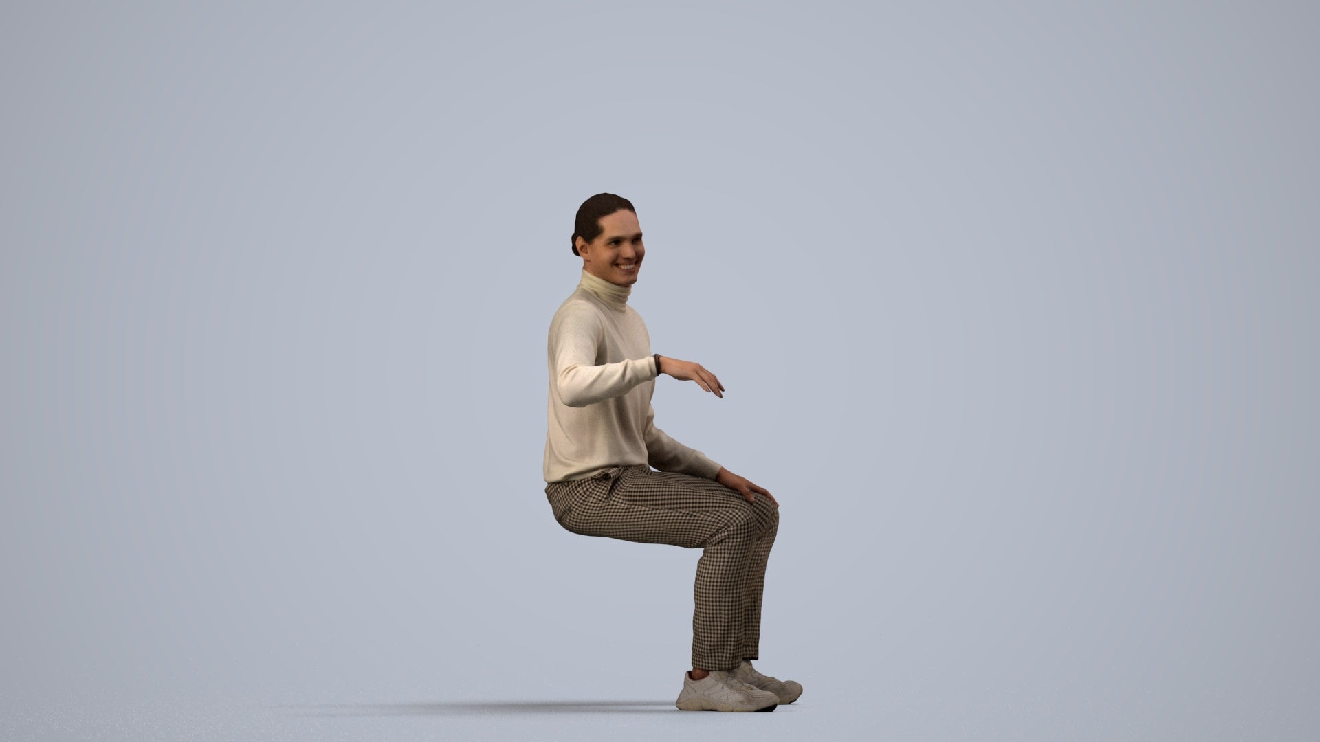photogrammetry 3D man casual sitting, realistic human model archviz FBX, side view render