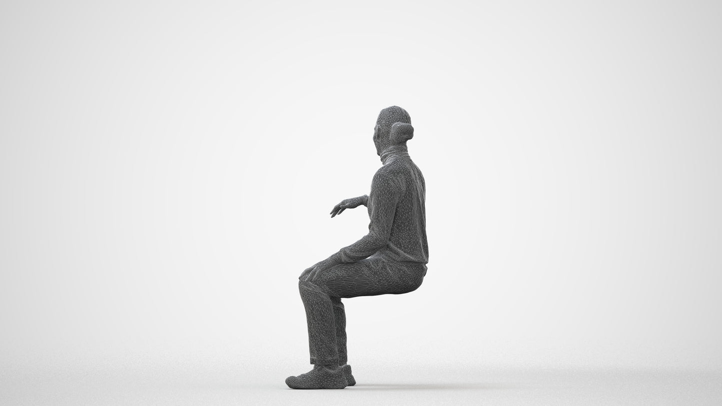 photogrammetry 3D man casual sitting, realistic human model archviz FBX, wireframe front view