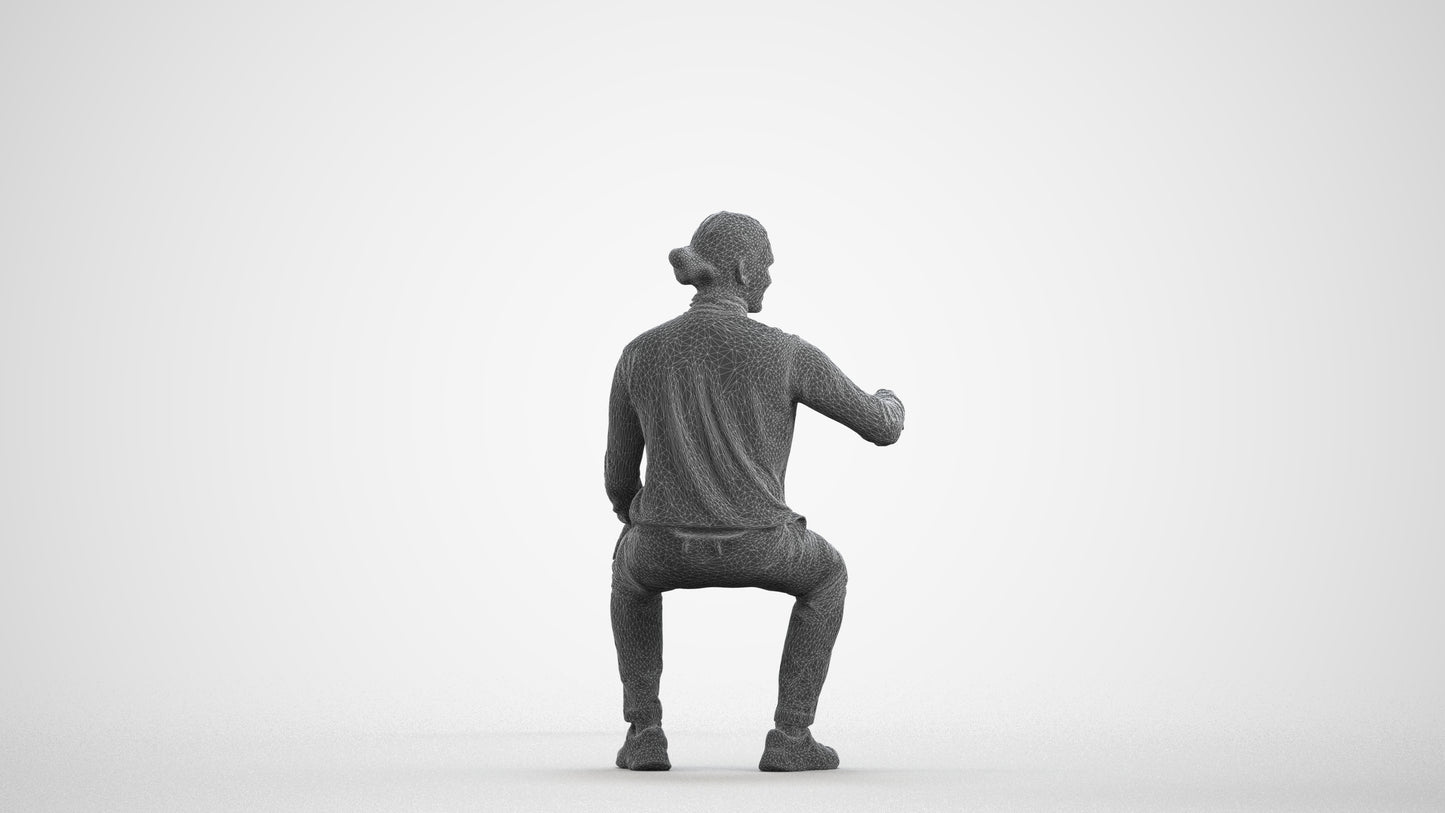 photogrammetry 3D man casual sitting, realistic human model archviz FBX, wireframe side view