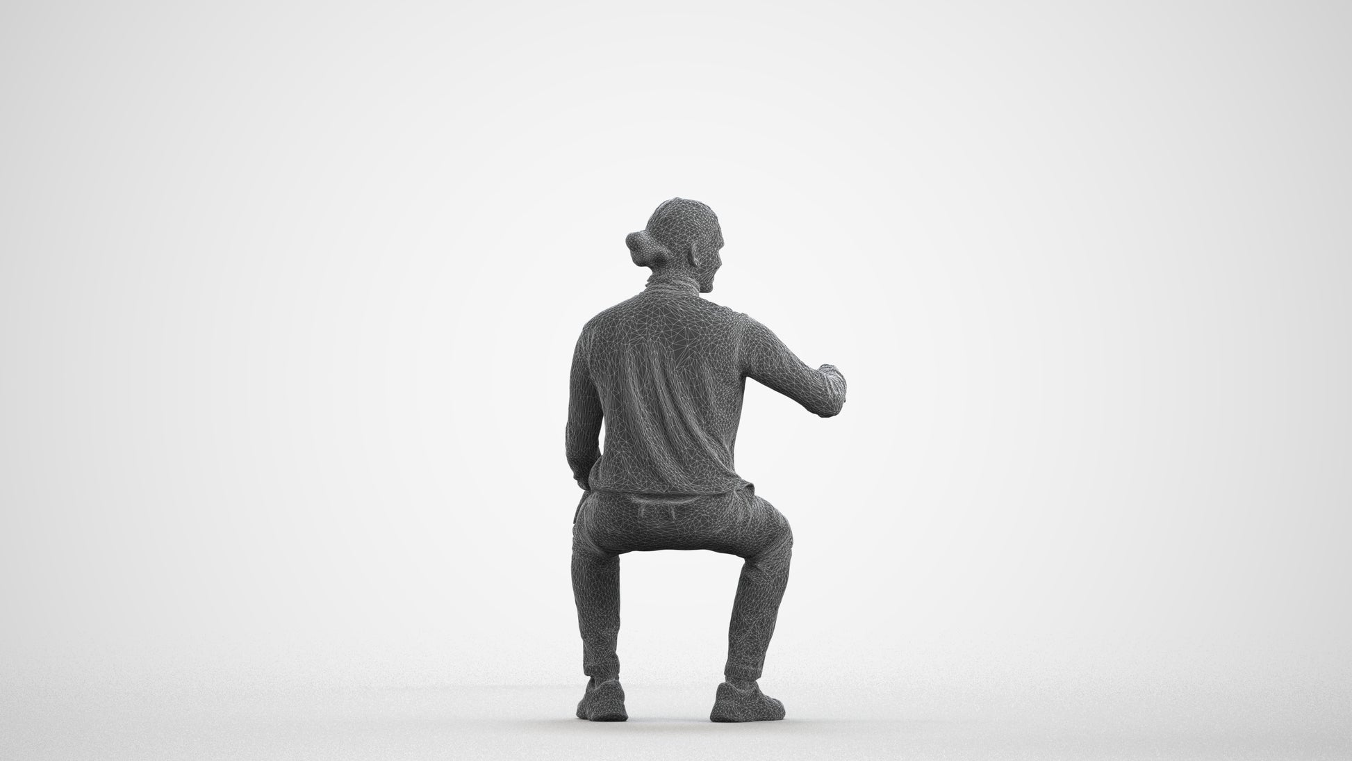 photogrammetry 3D man casual sitting, realistic human model archviz FBX, wireframe side view