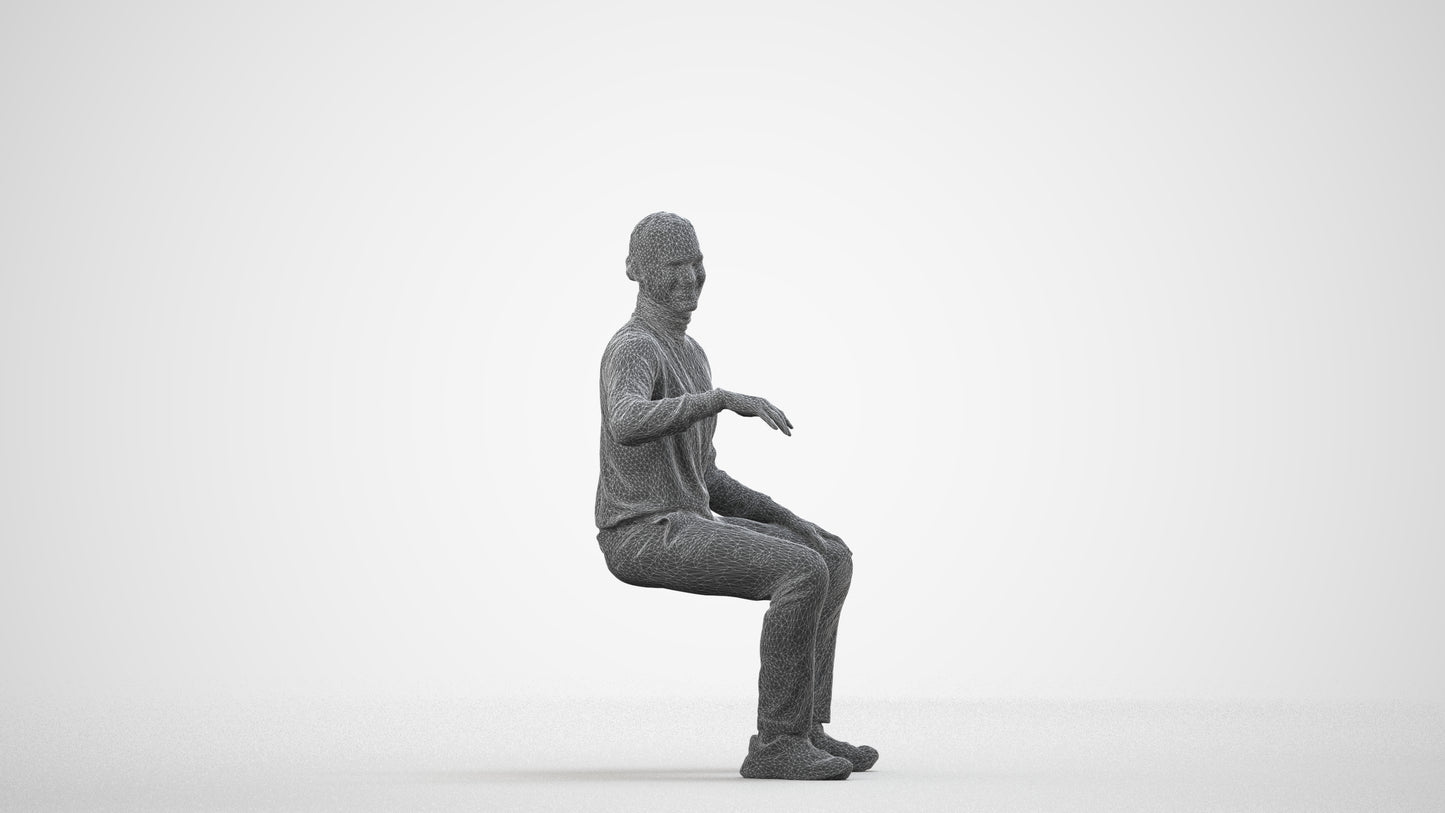 photogrammetry 3D man casual sitting, realistic human model archviz FBX, wireframe three-quarter view