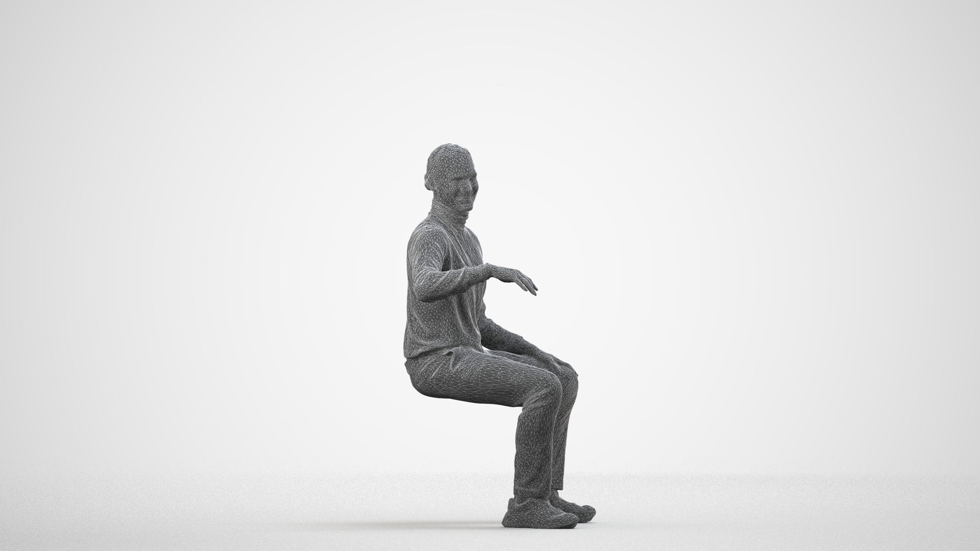 photogrammetry 3D man casual sitting, realistic human model archviz FBX, wireframe three-quarter view