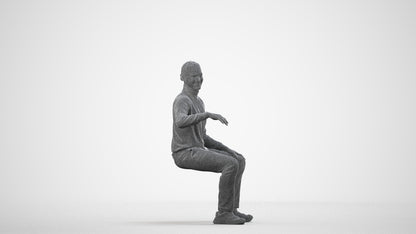 photogrammetry 3D man casual sitting, realistic human model archviz FBX, wireframe three-quarter view