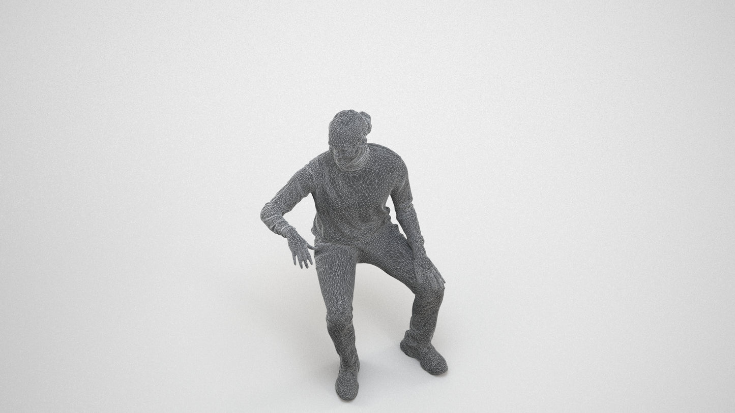 photogrammetry 3D man casual sitting, realistic human model archviz FBX, wireframe back view