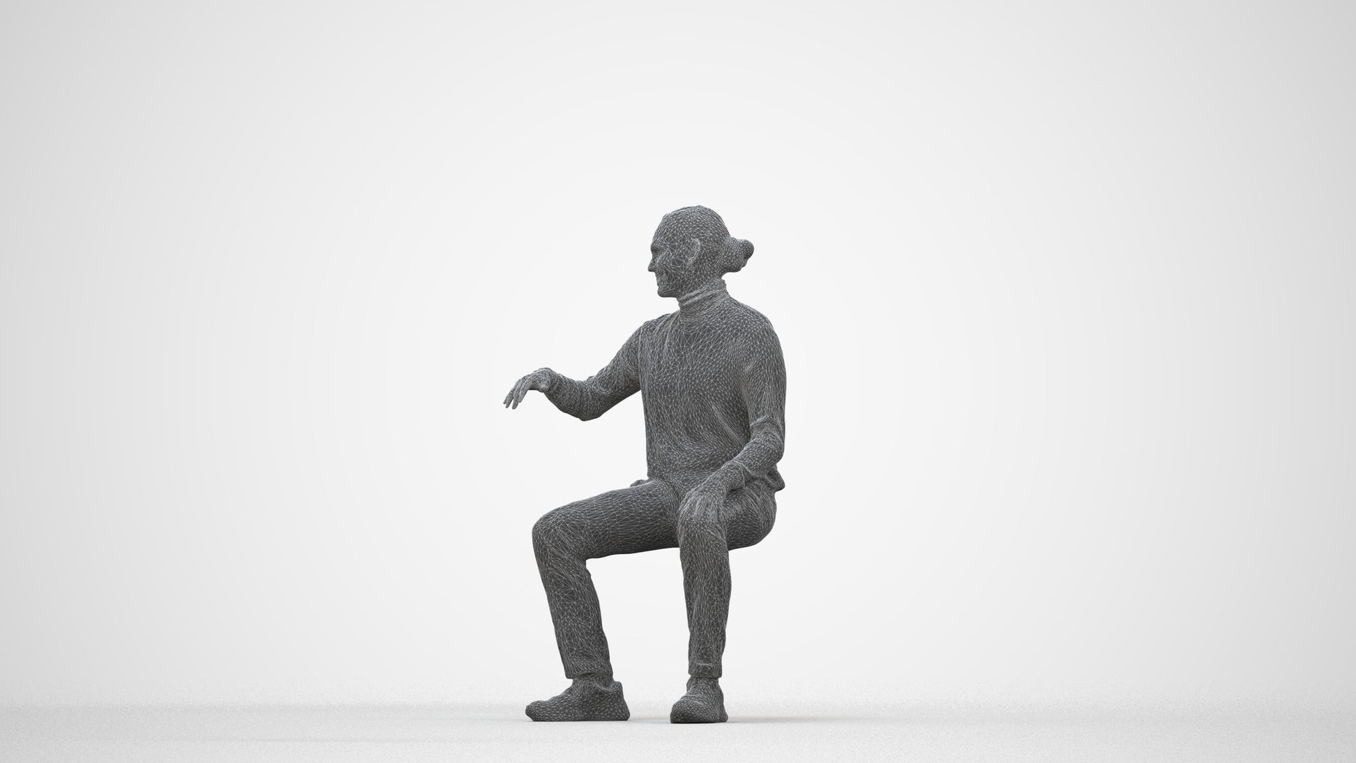 photogrammetry 3D man casual sitting, realistic human model archviz FBX, wireframe top-down view