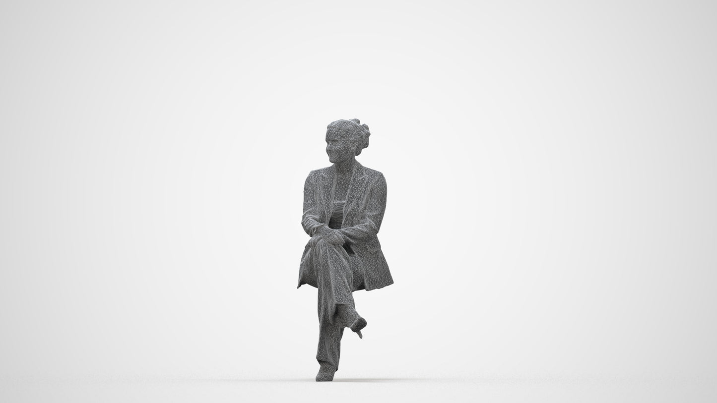 3D human model woman business sitting, photogrammetry scanned person for archviz, wireframe back view