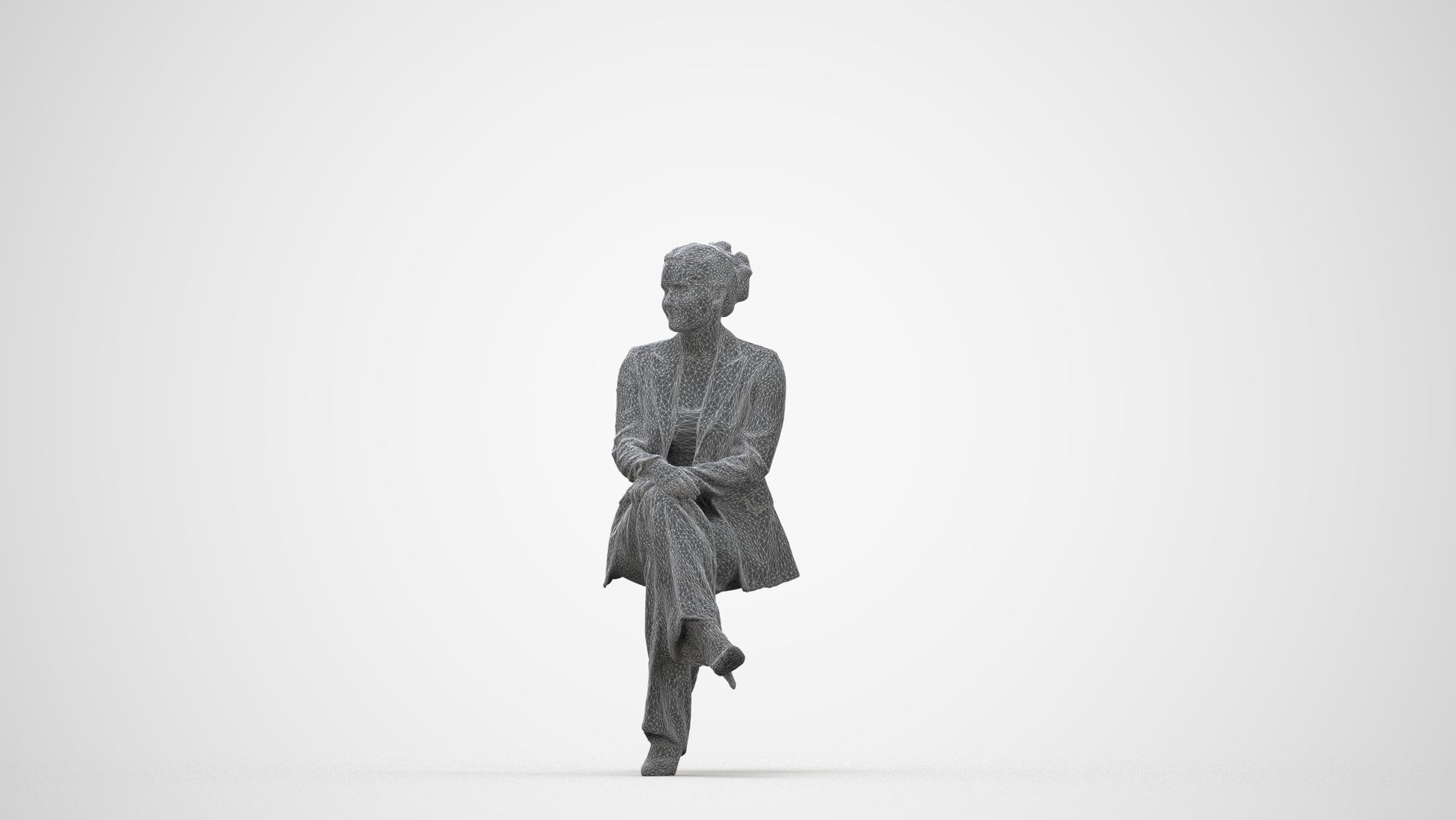 3D human model woman business sitting, photogrammetry scanned person for archviz, wireframe back view
