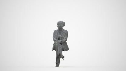 3D human model woman business sitting, photogrammetry scanned person for archviz, wireframe back view
