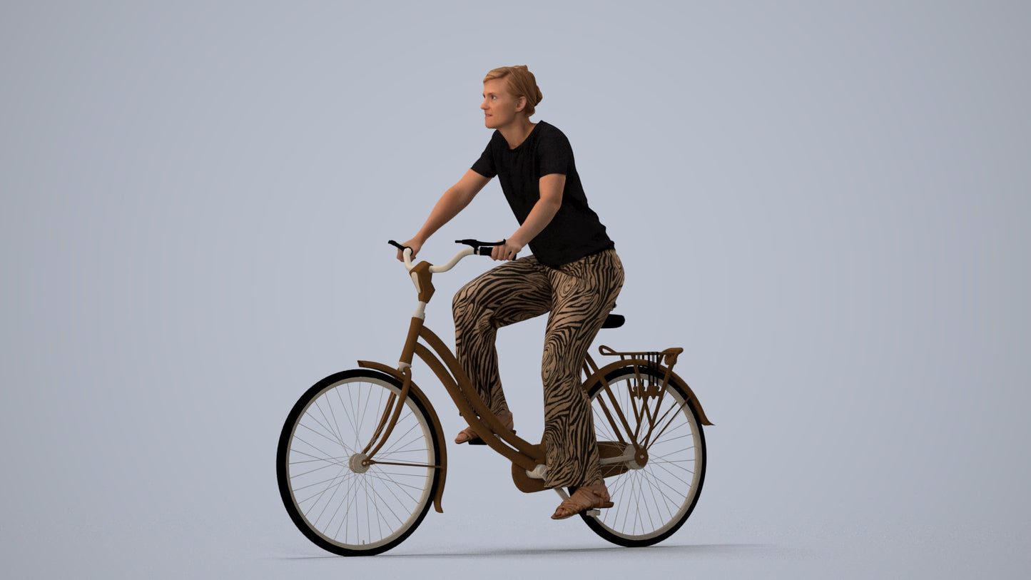 scanned 3D woman casual cycling, photogrammetry people for Enscape and V-Ray, three-quarter view render