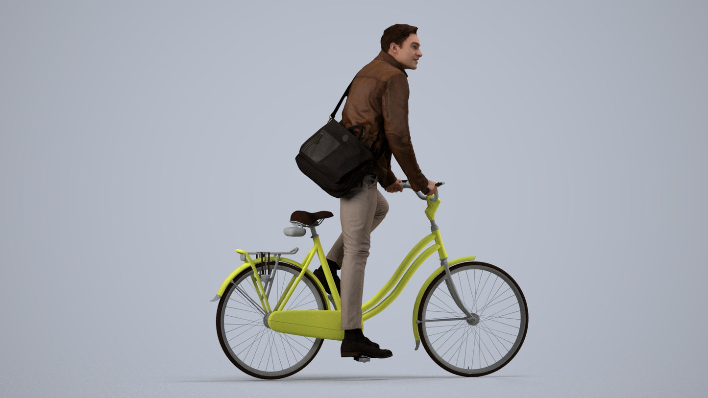 3D scanned man cycling casual, photorealistic archviz people for Enscape and SketchUp, side view render