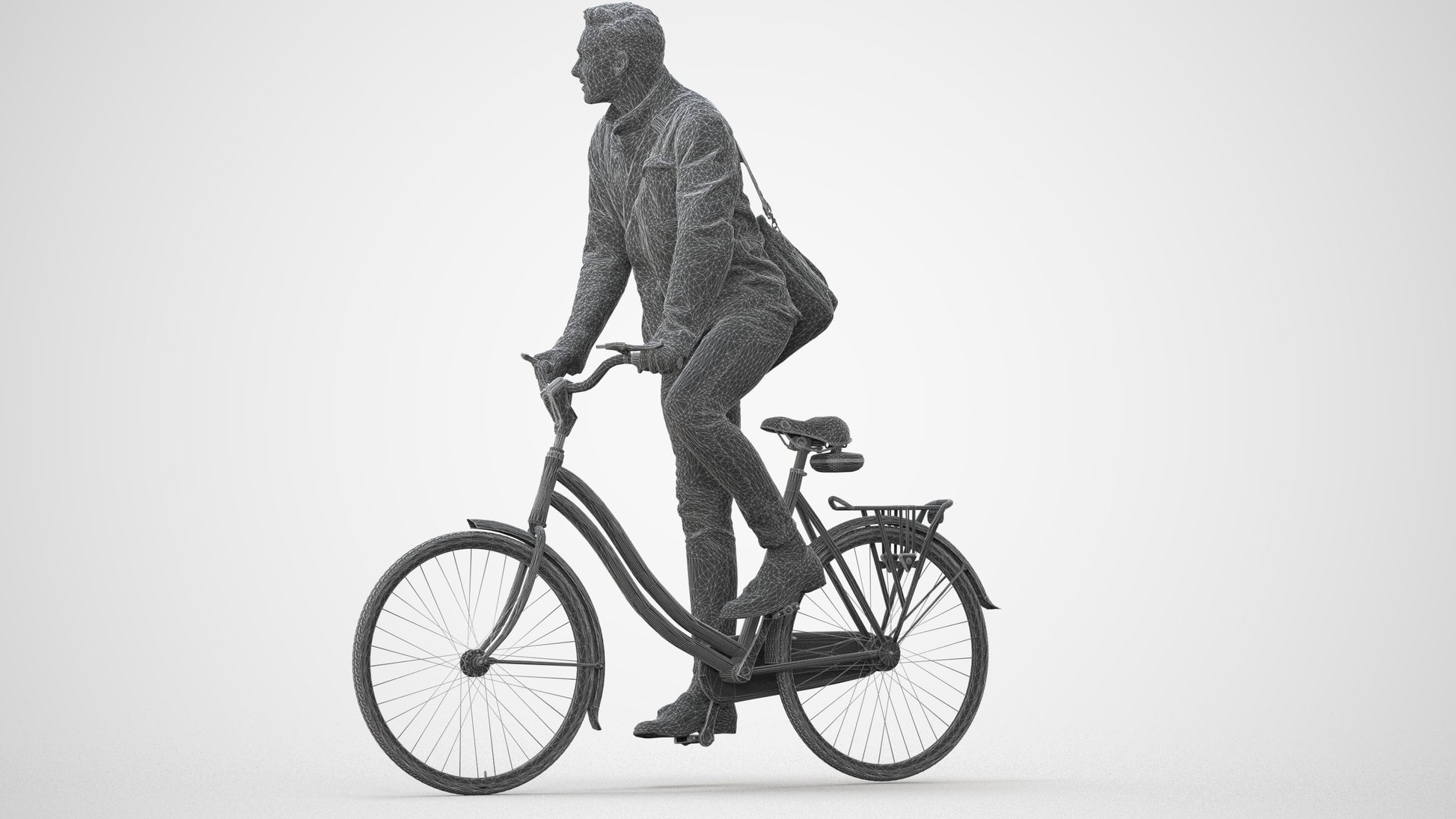 3D scanned man cycling casual, photorealistic archviz people for Enscape and SketchUp, wireframe front view