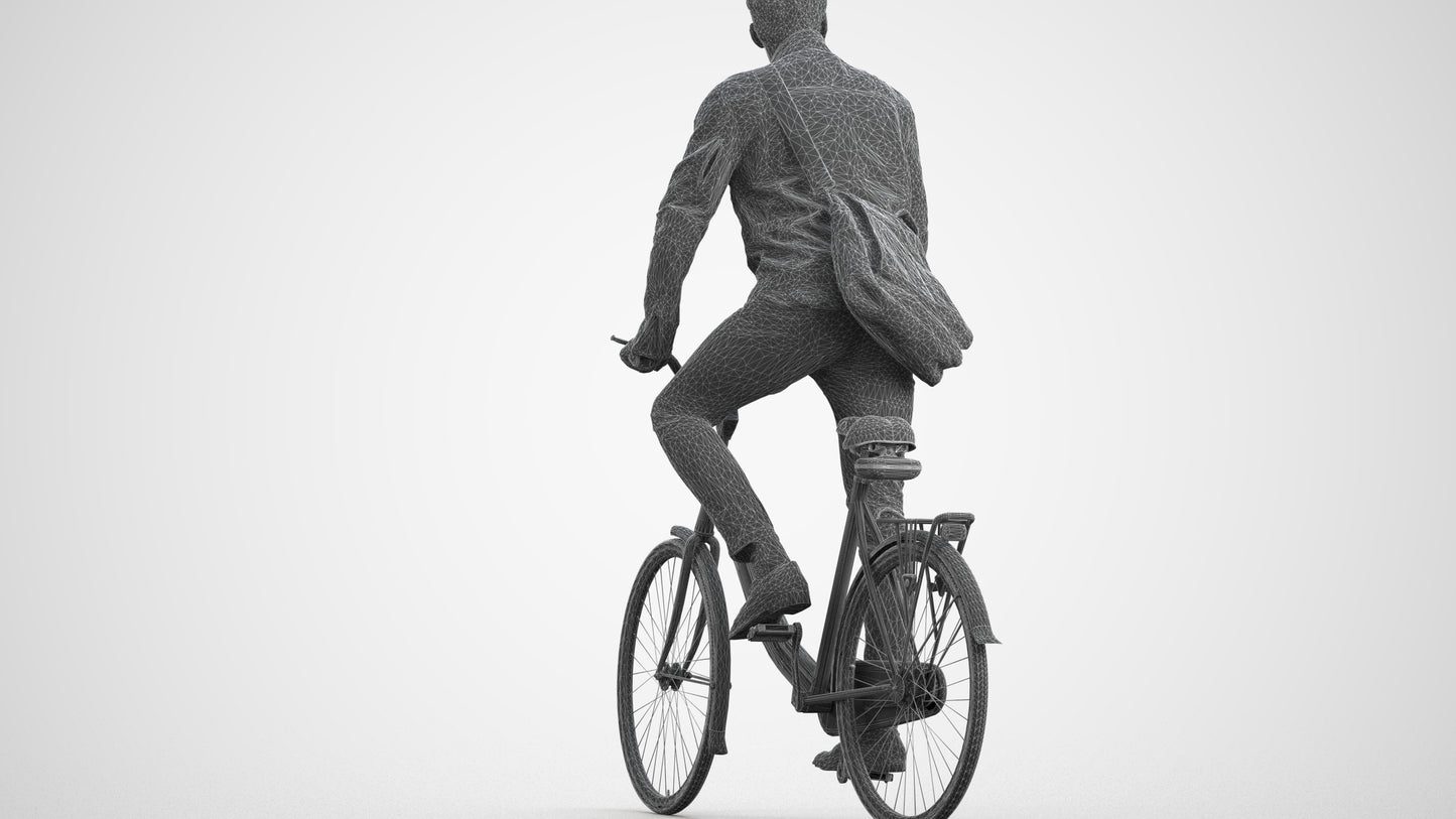 3D scanned man cycling casual, photorealistic archviz people for Enscape and SketchUp, wireframe side view