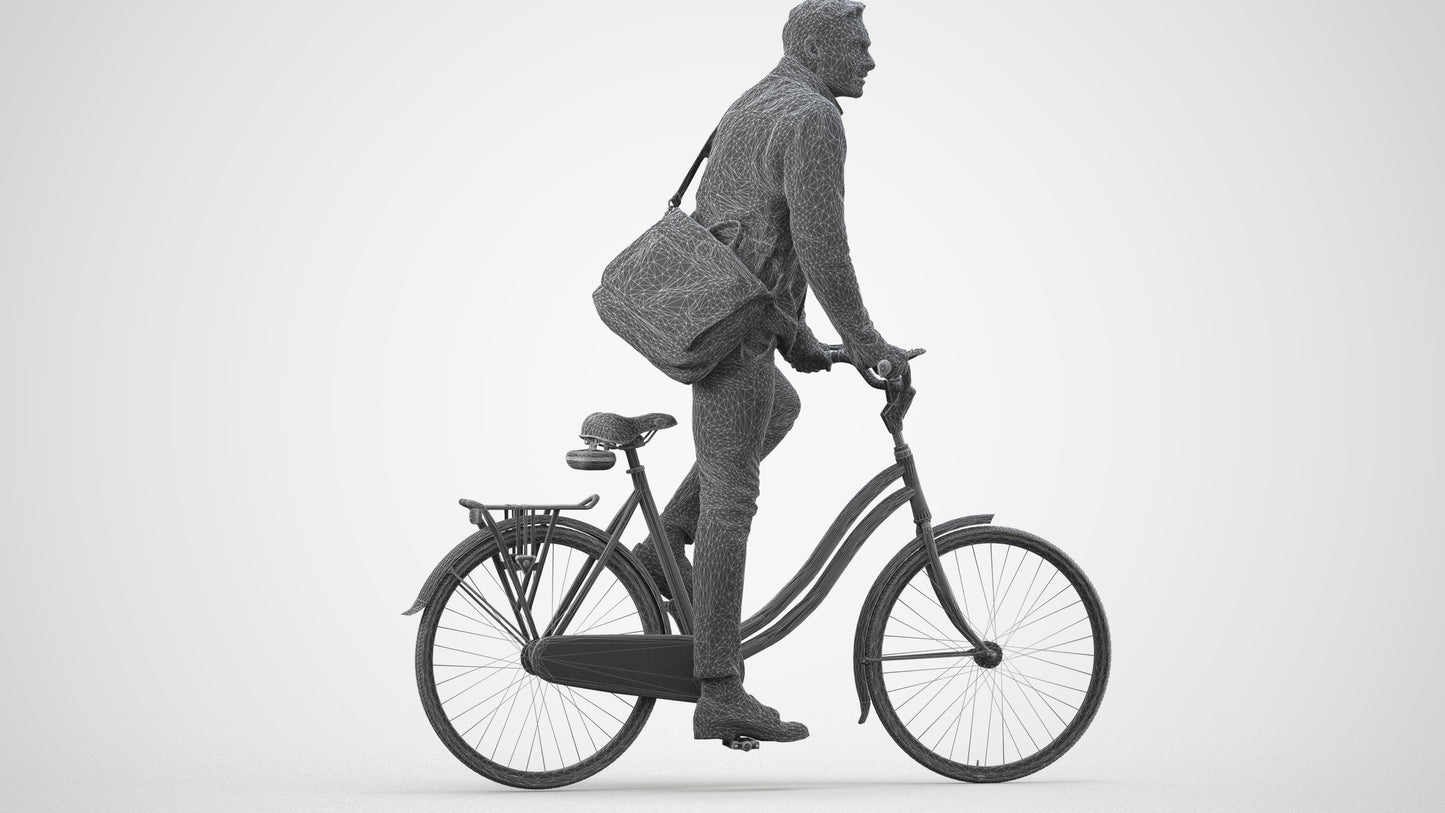 3D scanned man cycling casual, photorealistic archviz people for Enscape and SketchUp, wireframe three-quarter view