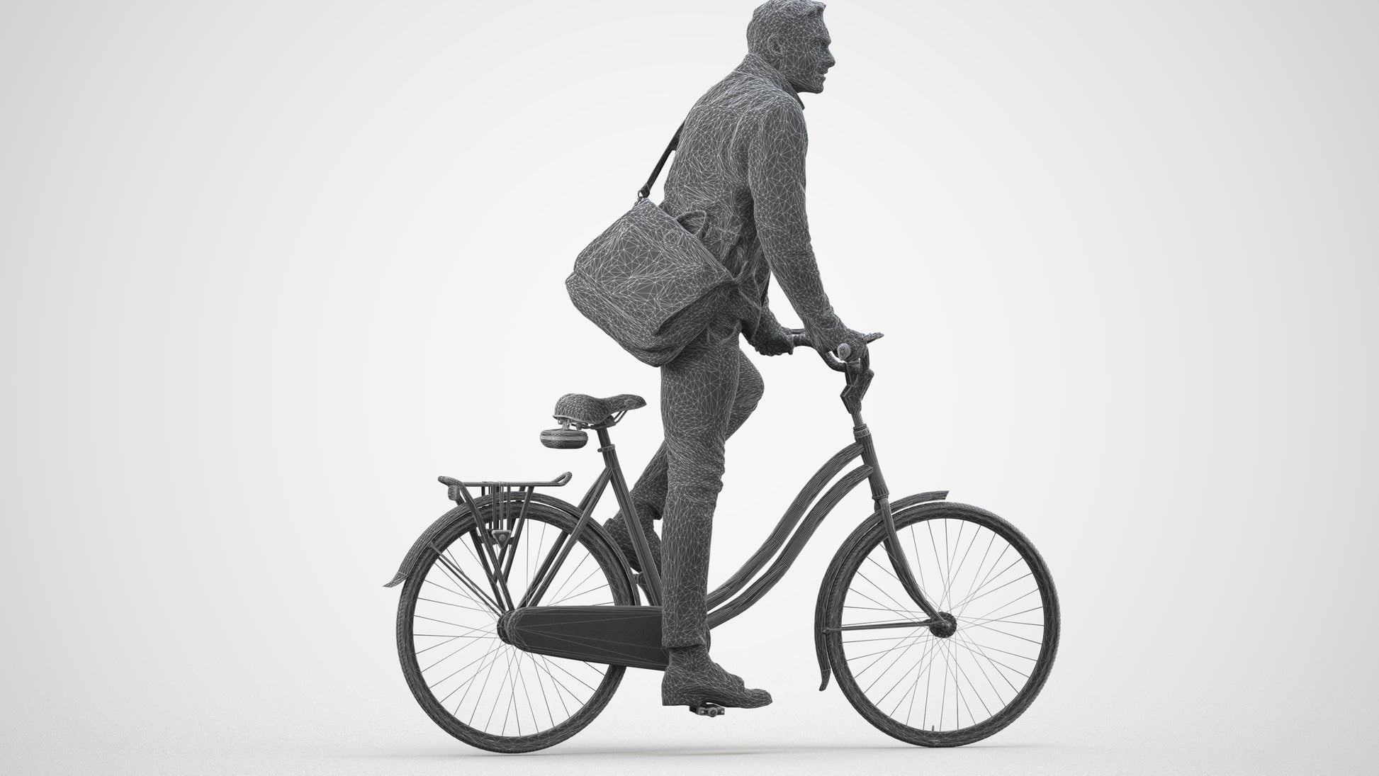 3D scanned man cycling casual, photorealistic archviz people for Enscape and SketchUp, wireframe three-quarter view