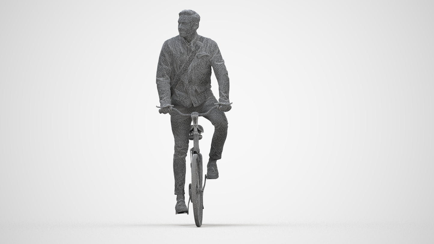 3D scanned man cycling casual, photorealistic archviz people for Enscape and SketchUp, wireframe top-down view