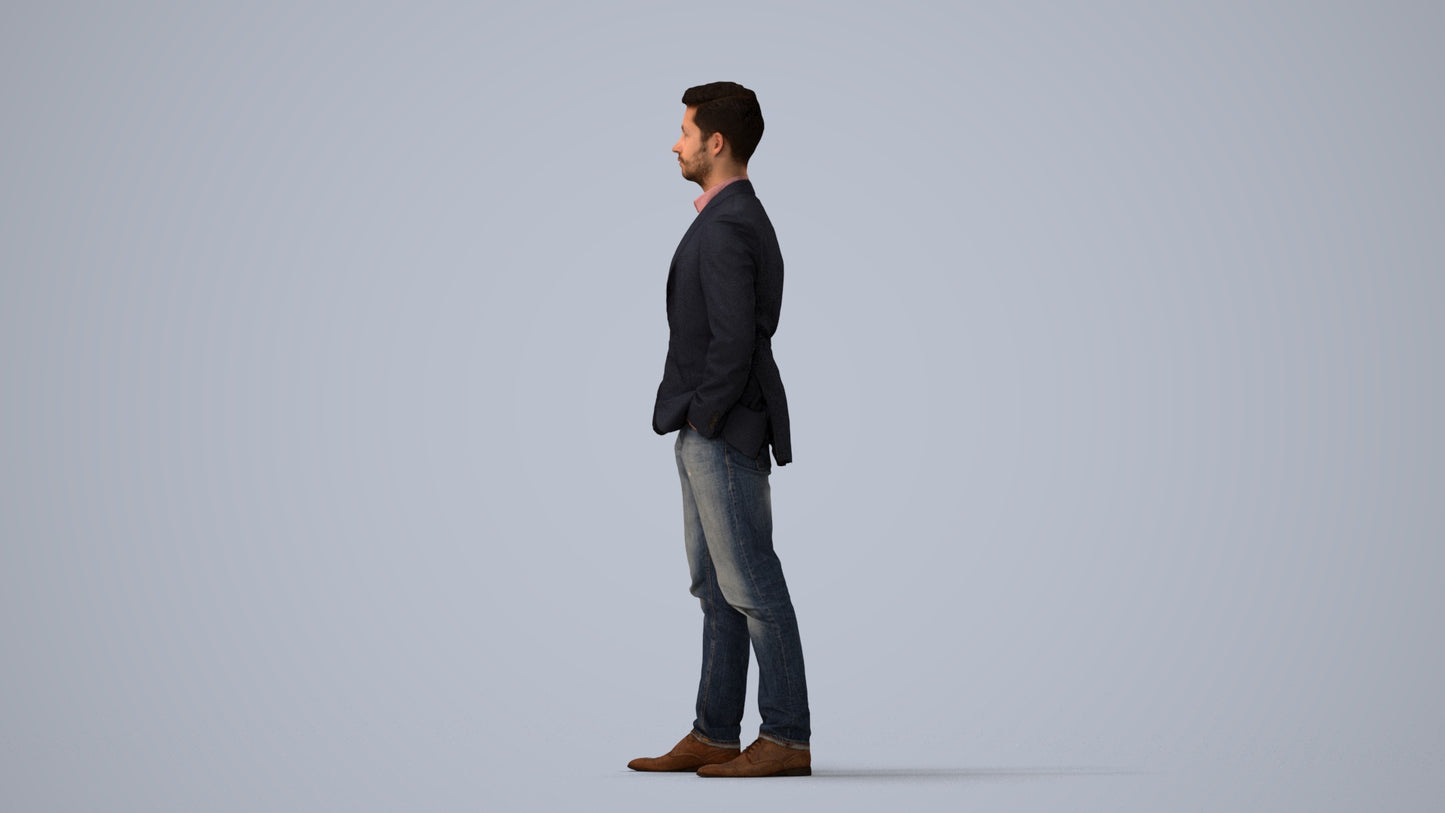 3D people model man business standing, scanned human for 3ds Max rendering, three-quarter view render
