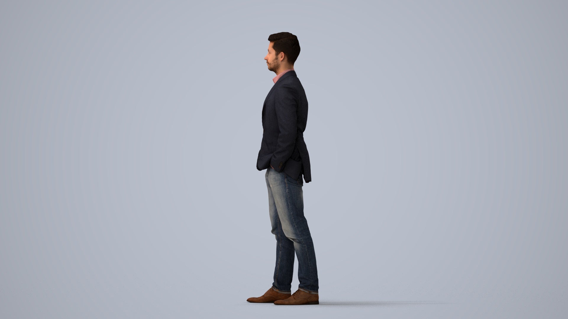 3D people model man business standing, scanned human for 3ds Max rendering, three-quarter view render