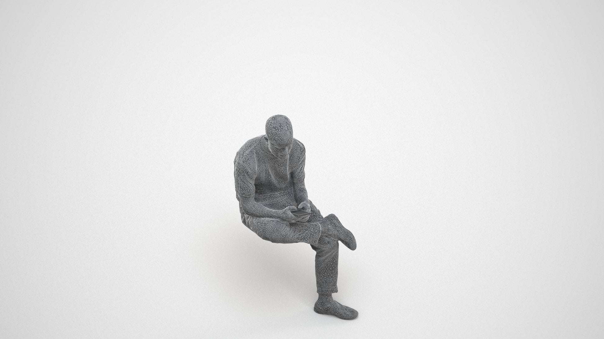 photogrammetry 3D man casual sitting, realistic human model archviz FBX, wireframe three-quarter view