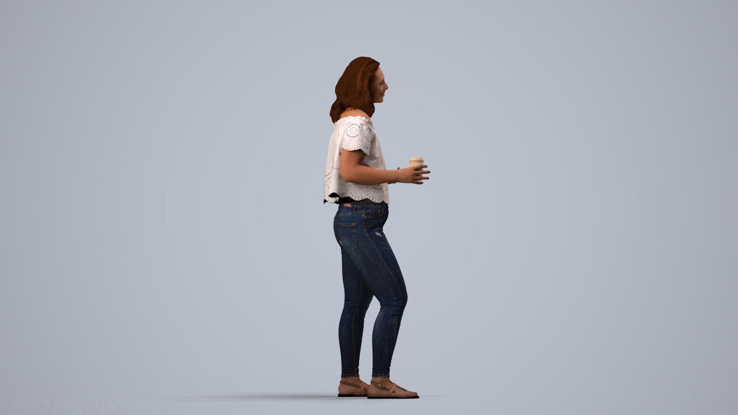 realistic 3D human woman casual standing, archviz people FBX OBJ for Blender, side view render
