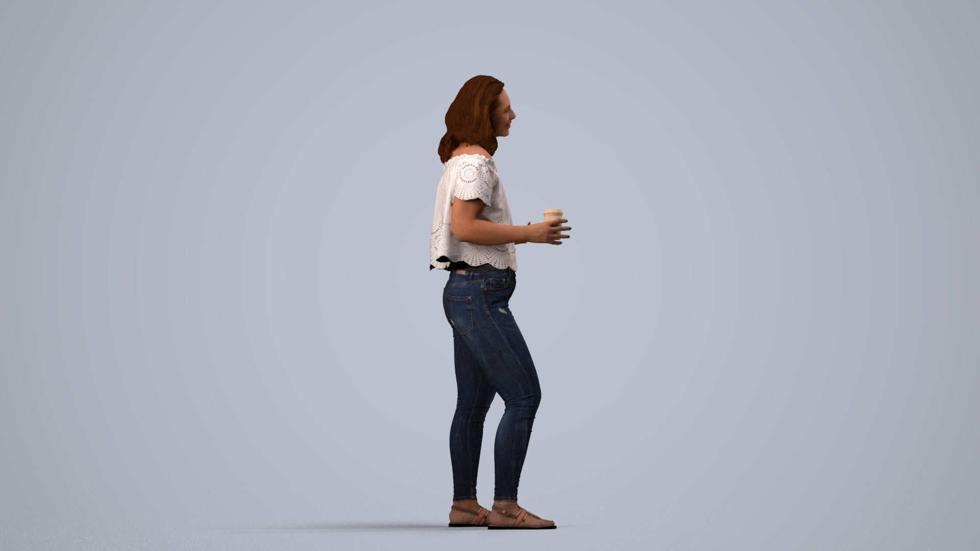 realistic 3D human woman casual standing, archviz people FBX OBJ for Blender, side view render
