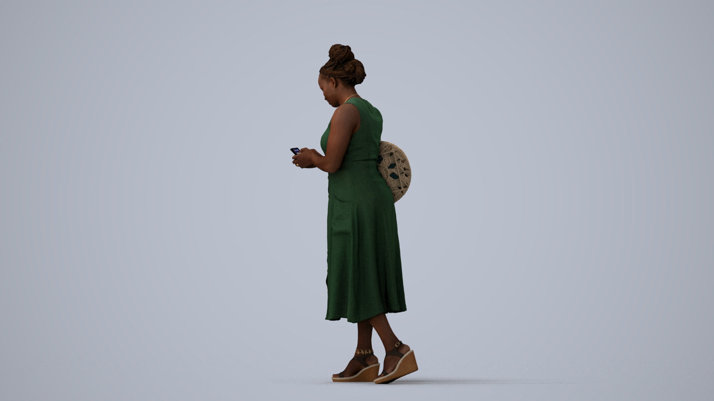 realistic 3D woman casual standing, scanned archviz people for Blender and 3ds Max, three-quarter view render