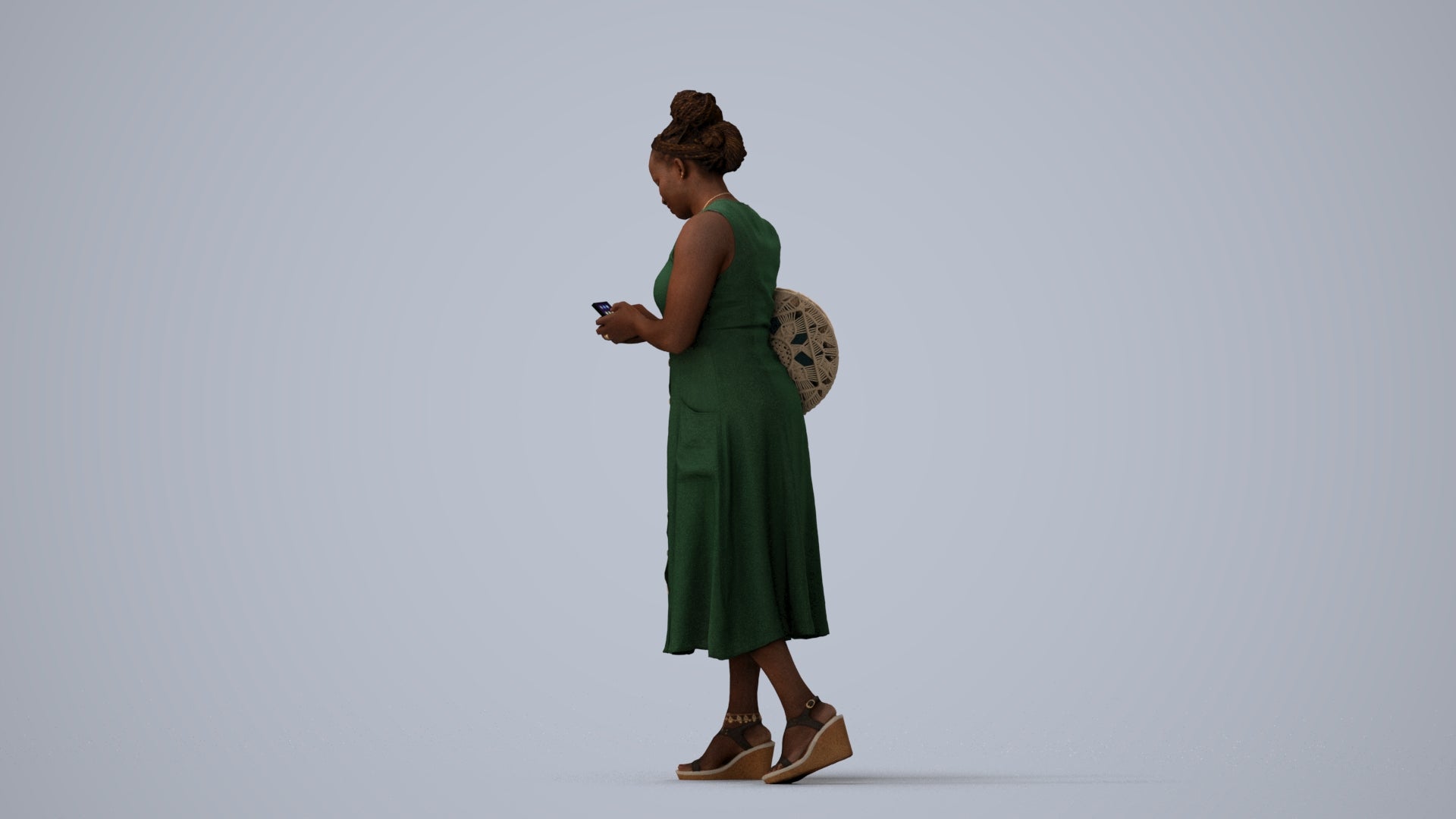 realistic 3D woman casual standing, scanned archviz people for Blender and 3ds Max, three-quarter view render