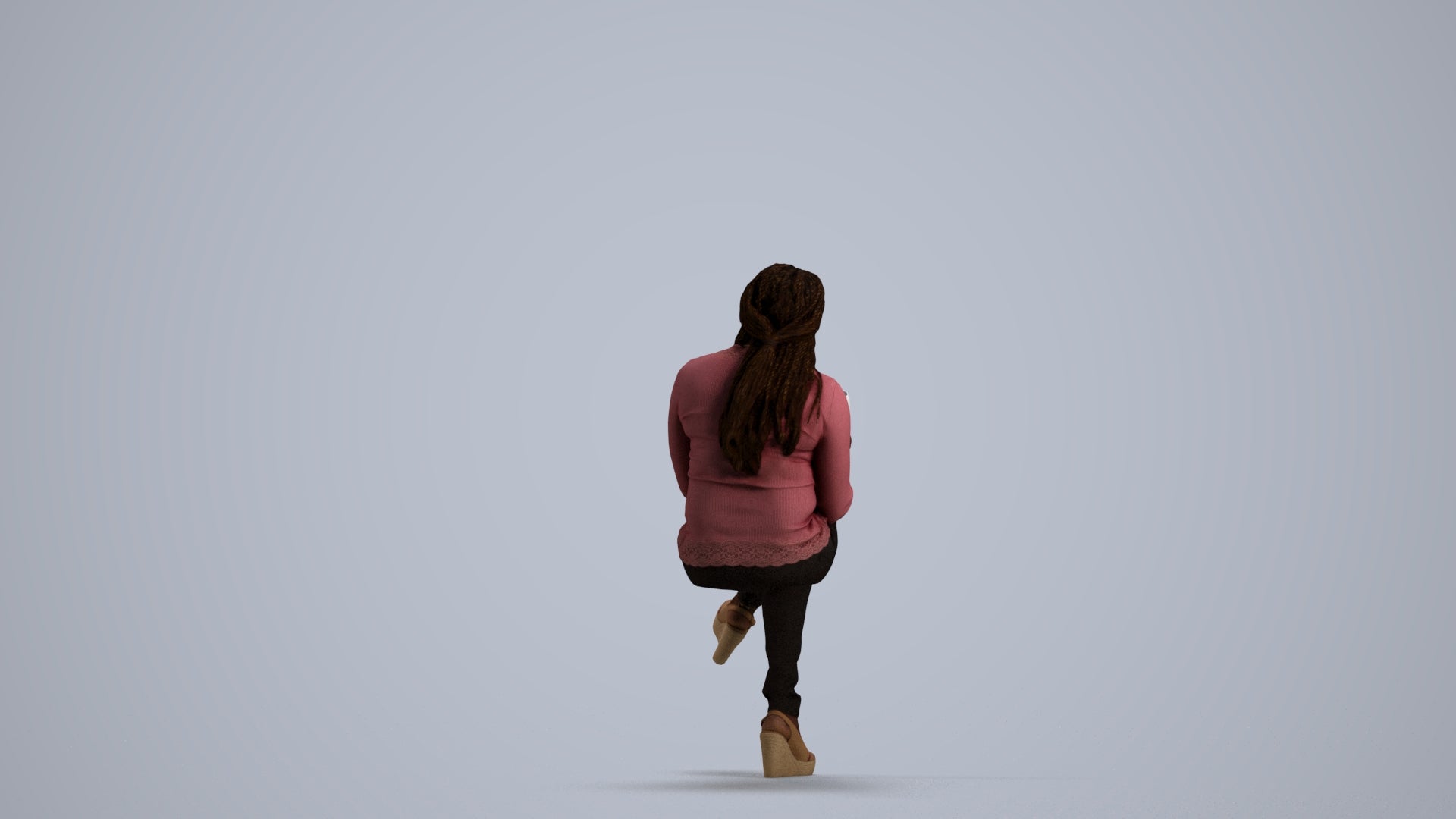 3D human model woman casual sitting, photogrammetry scanned person for archviz, front view render