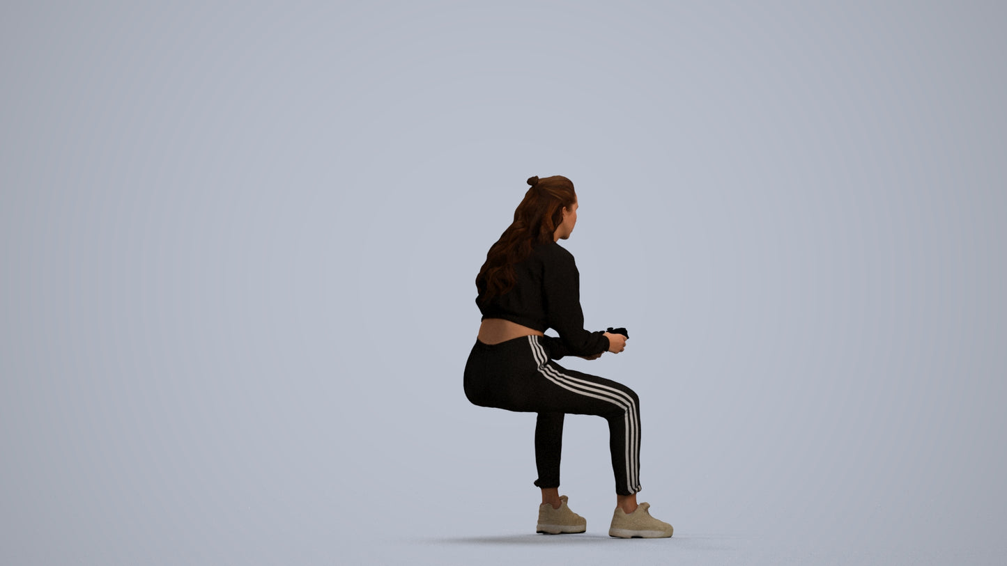 3D scanned woman sitting, photorealistic archviz people for Enscape and SketchUp, front view render