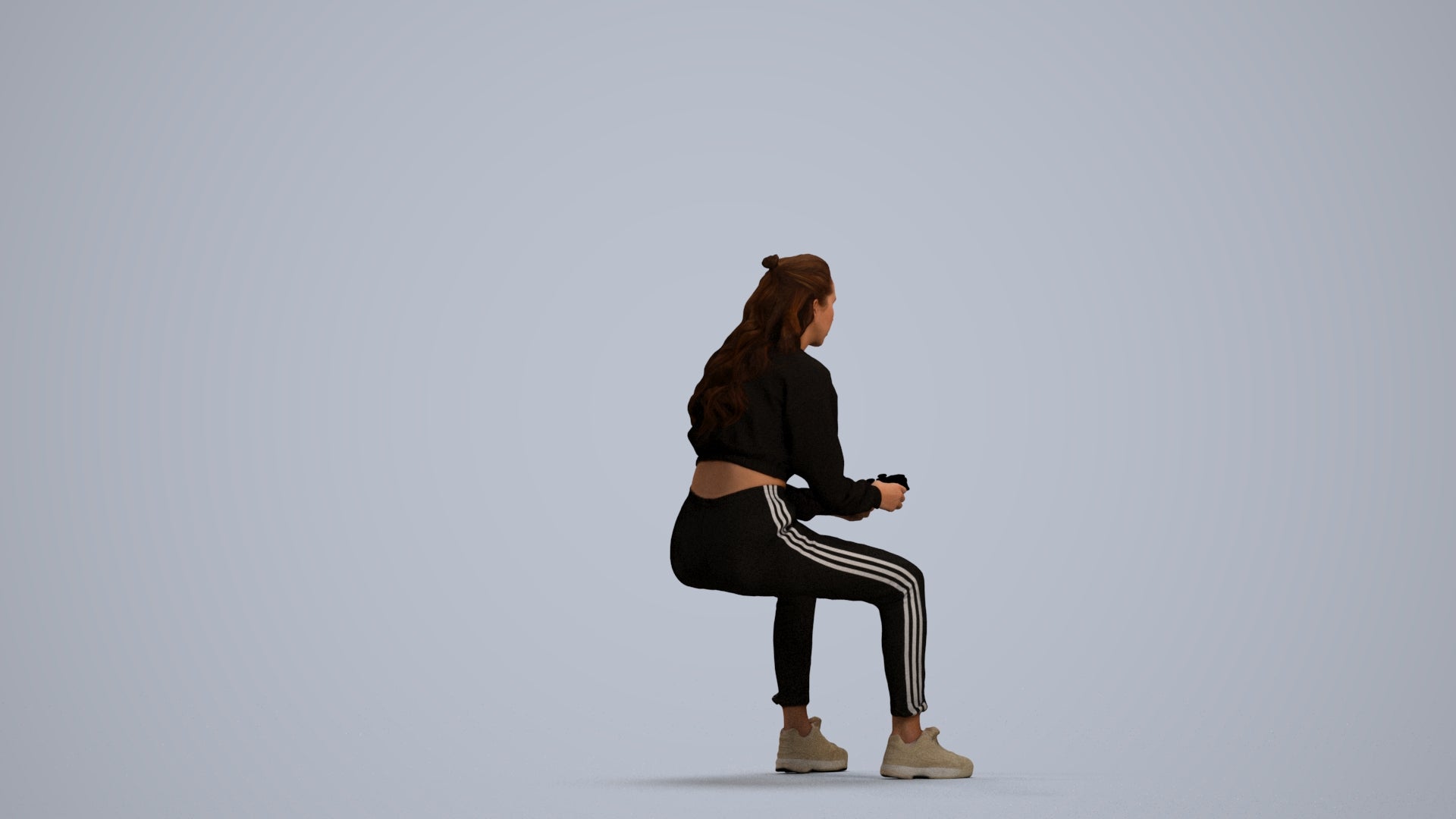 3D scanned woman sitting, photorealistic archviz people for Enscape and SketchUp, front view render