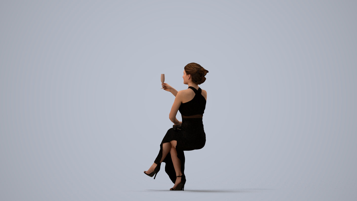3D people model woman formal sitting, scanned human for 3ds Max rendering, three-quarter view render