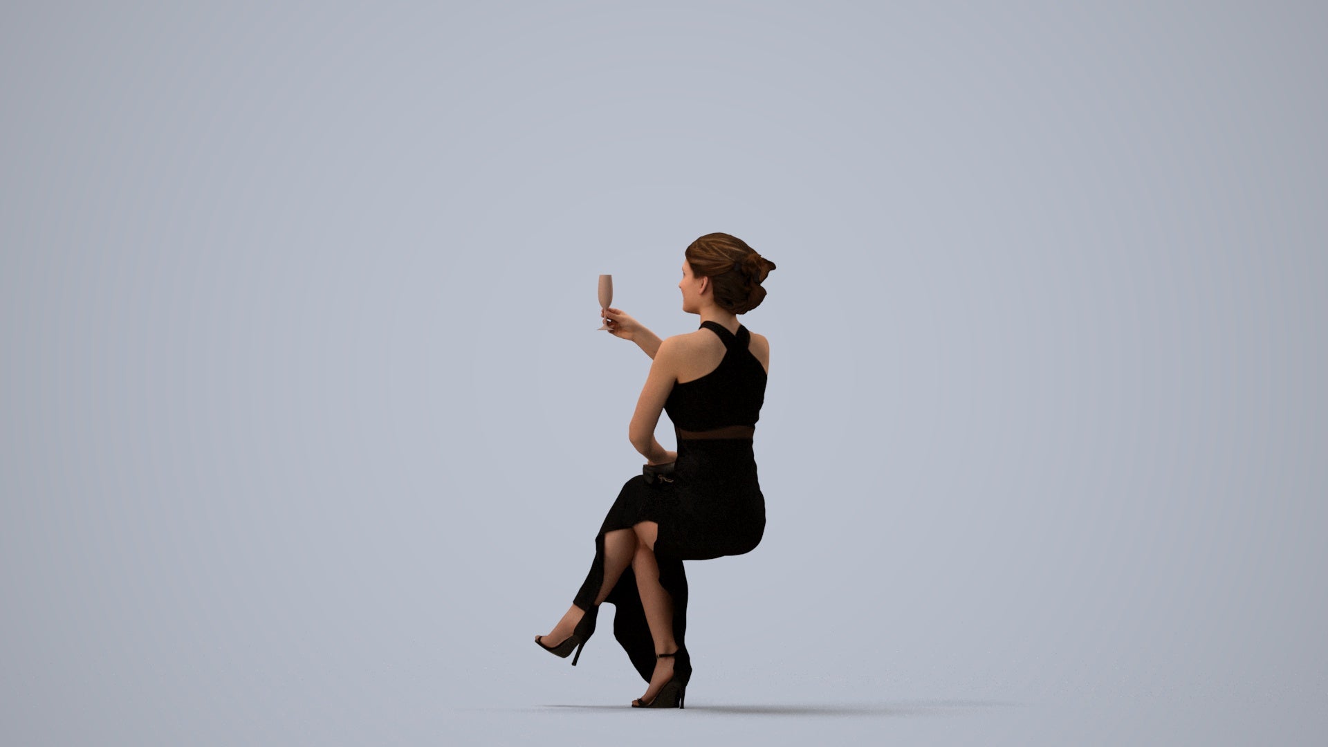 3D people model woman formal sitting, scanned human for 3ds Max rendering, three-quarter view render