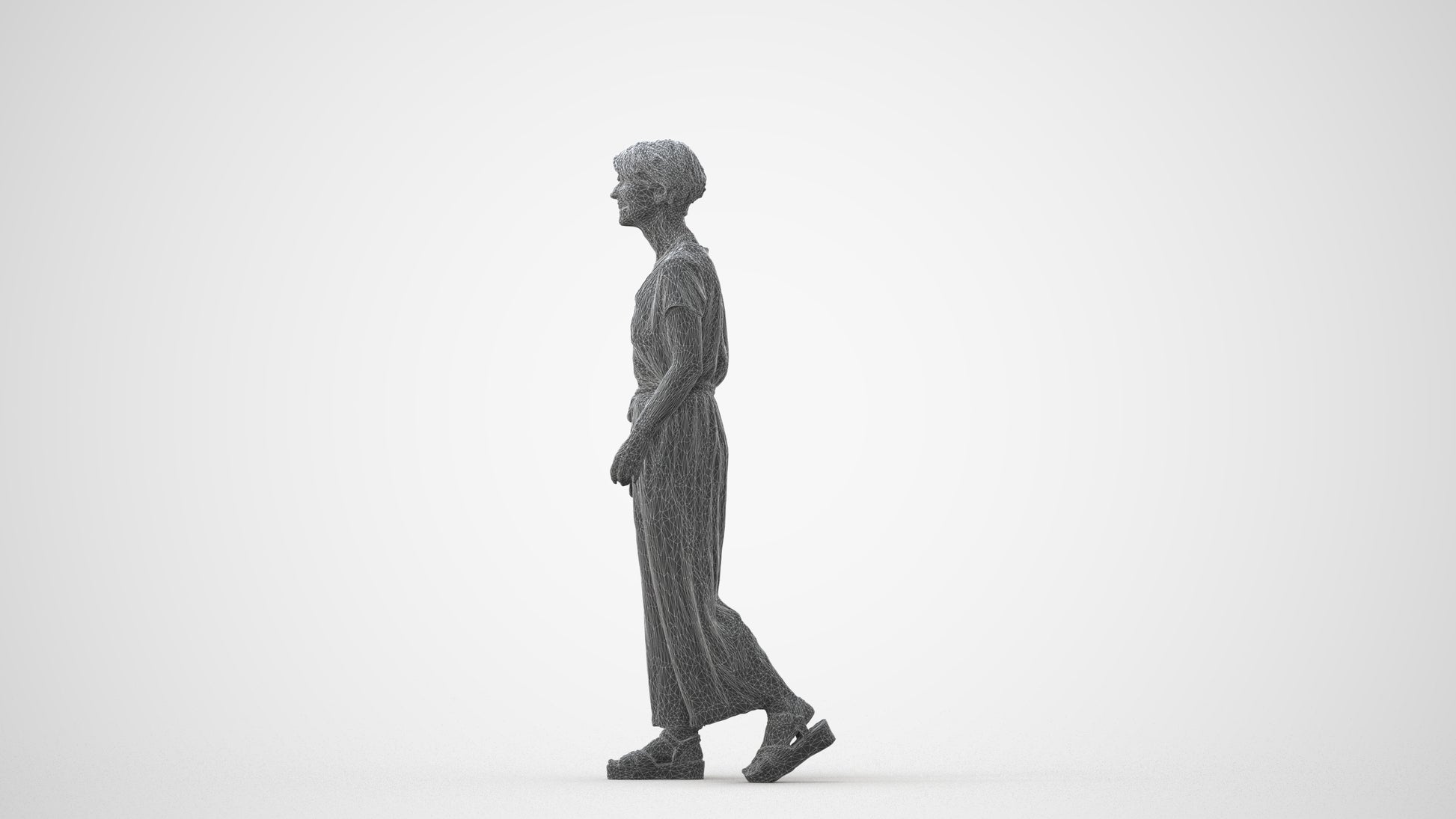 3D human model senior woman casual walking, photogrammetry scanned person for archviz, square thumbnail