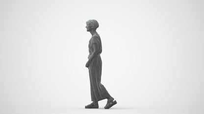 3D human model senior woman casual walking, photogrammetry scanned person for archviz, square thumbnail