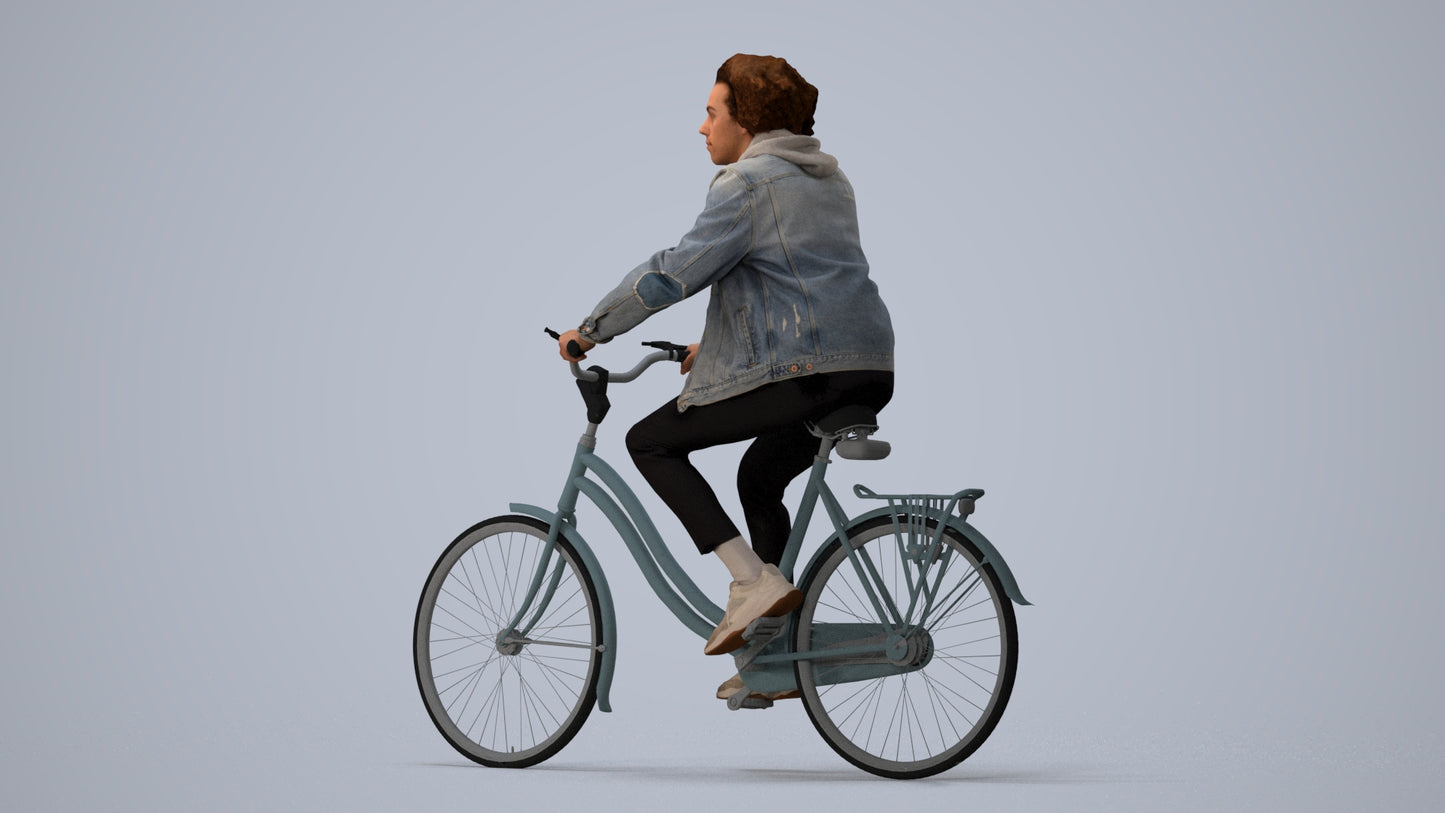 realistic 3D man casual cycling, scanned archviz people for Blender and 3ds Max, three-quarter view render