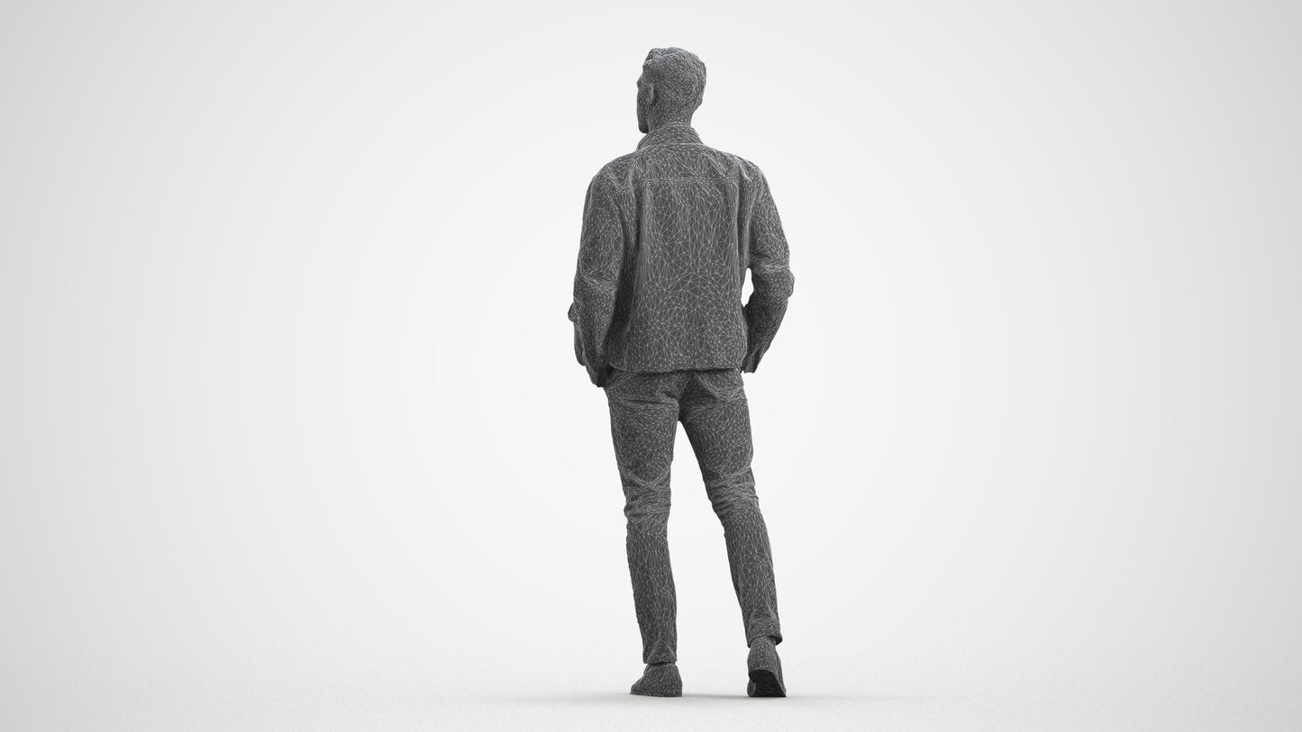 3D human model man casual walking, photogrammetry scanned person for archviz, wireframe front view