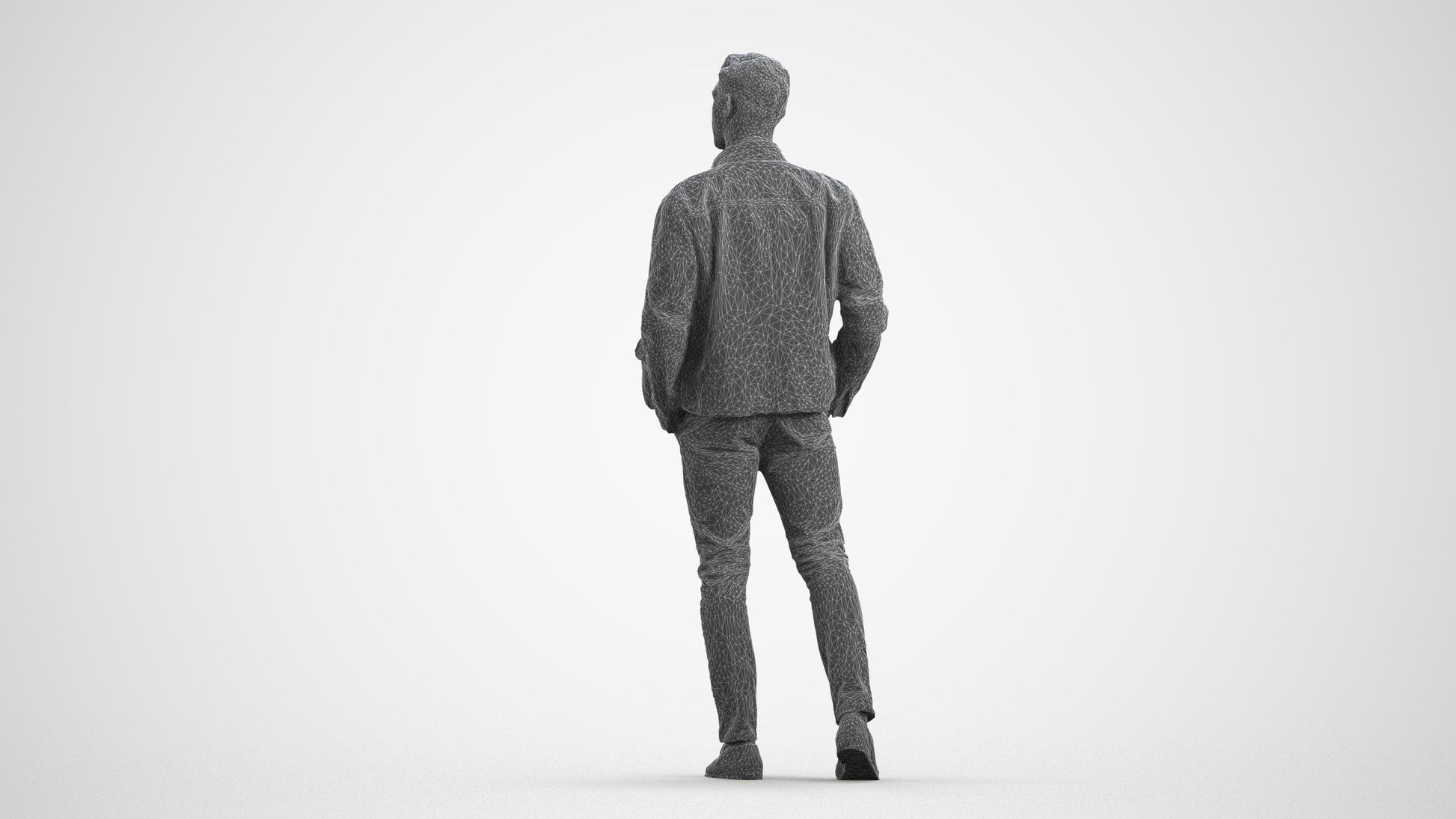 3D human model man casual walking, photogrammetry scanned person for archviz, wireframe front view