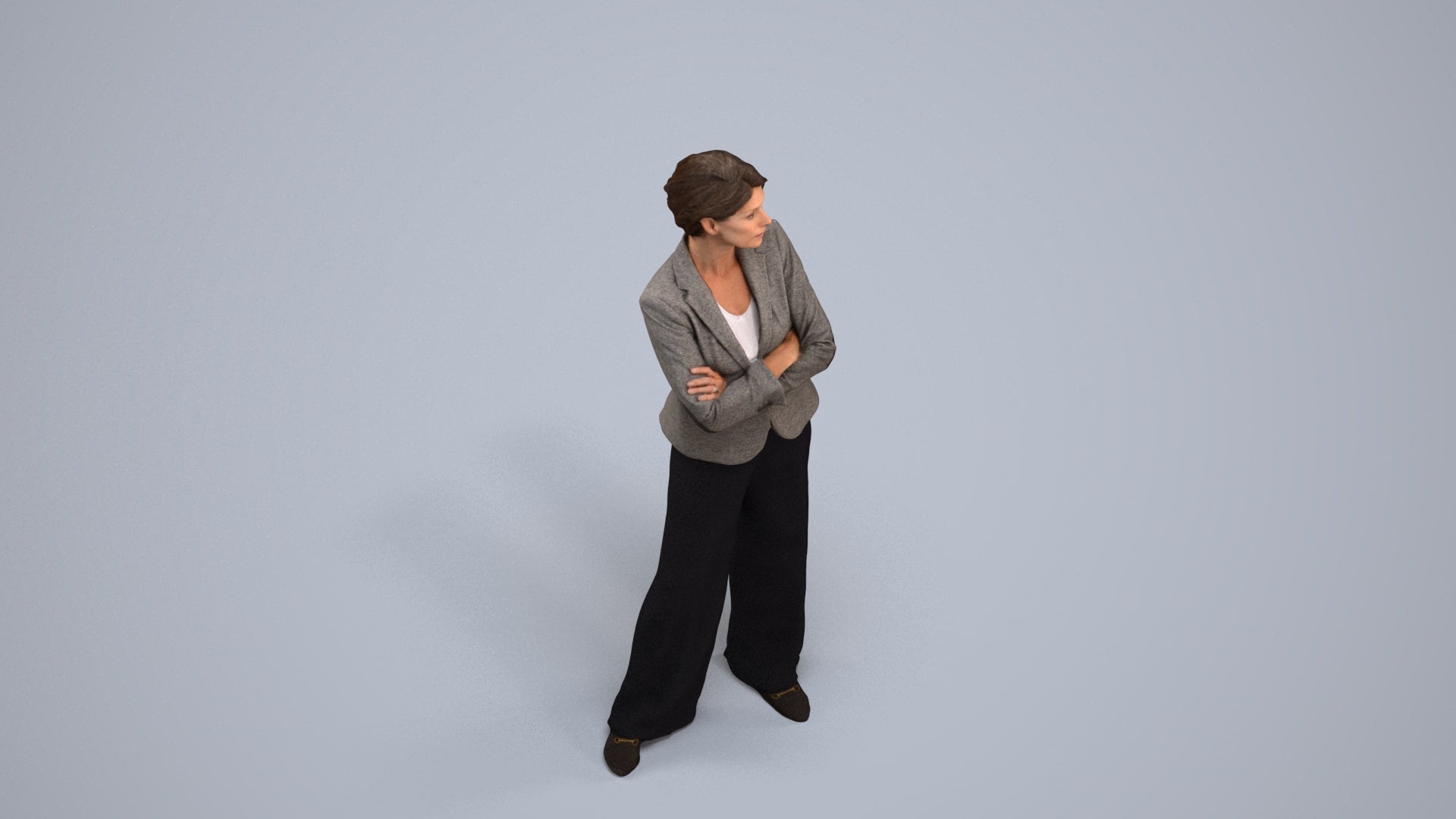 3D human model woman business, photogrammetry scanned person for archviz, back view render