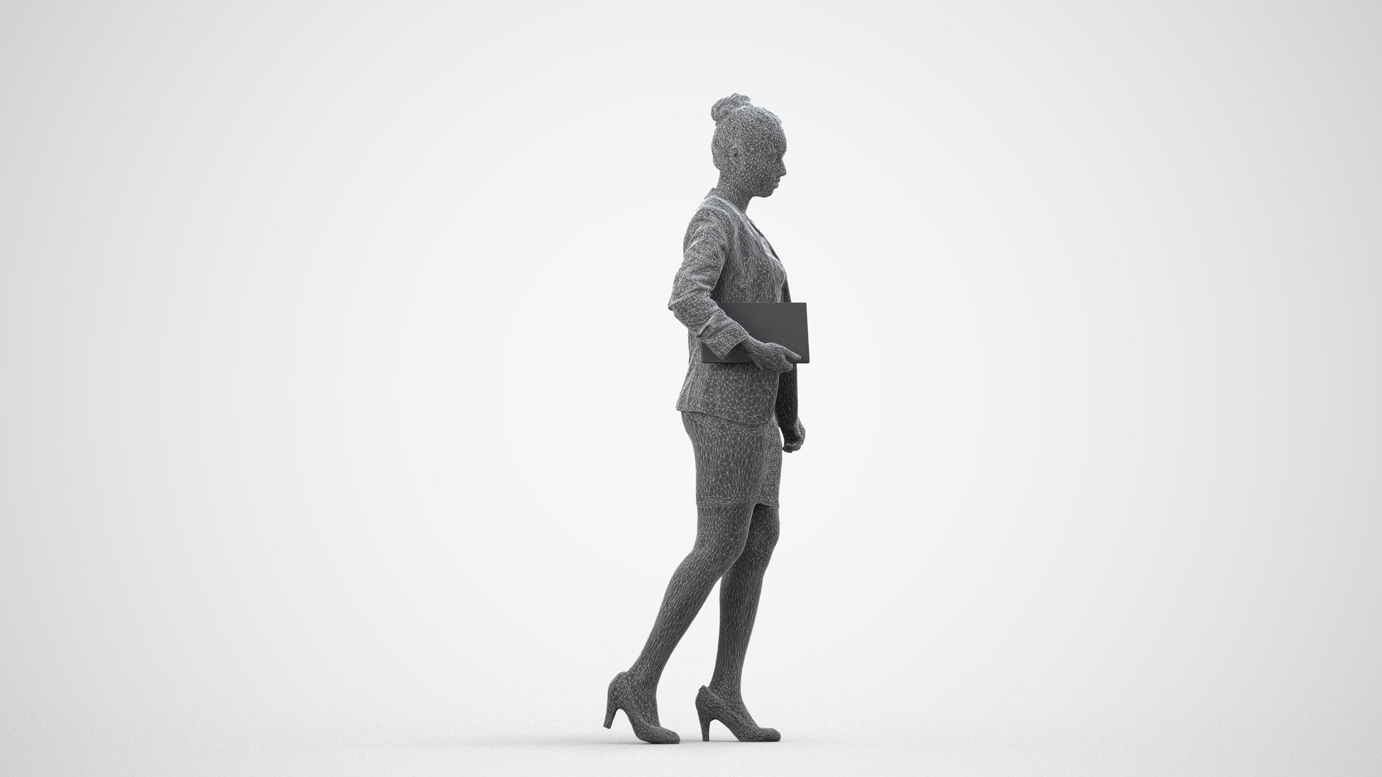 3D human model woman business, photogrammetry scanned person for archviz, wireframe side view