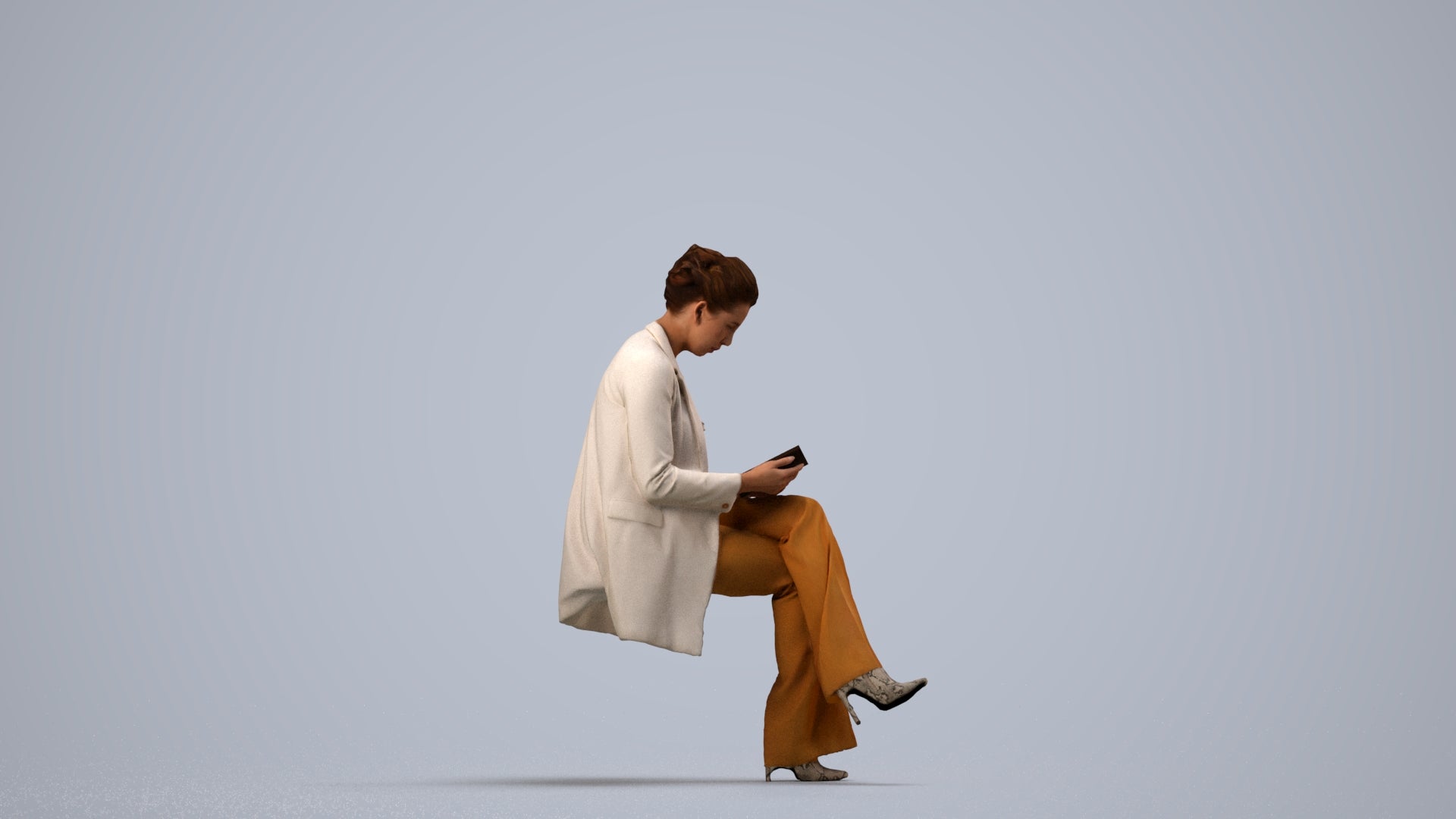 realistic 3D woman business sitting, scanned archviz people for Blender and 3ds Max, side view render