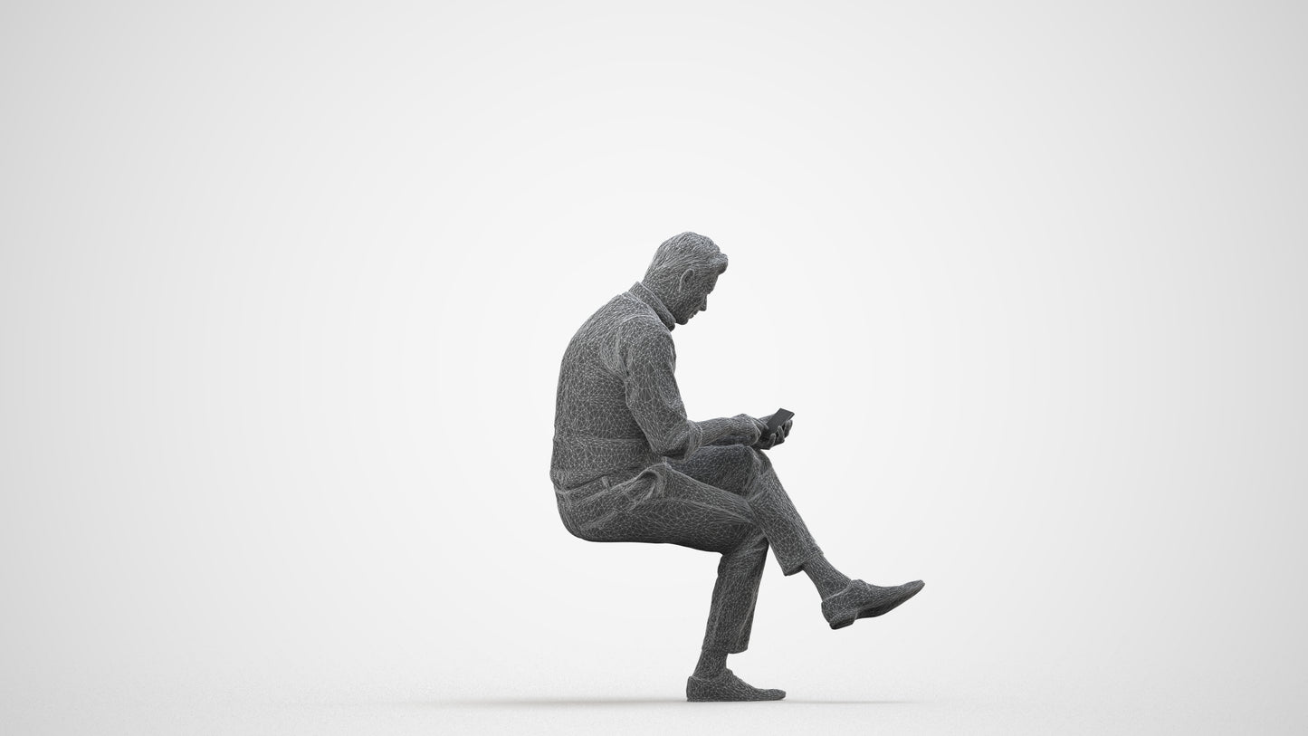 photogrammetry 3D man business sitting, realistic human model archviz FBX, wireframe side view