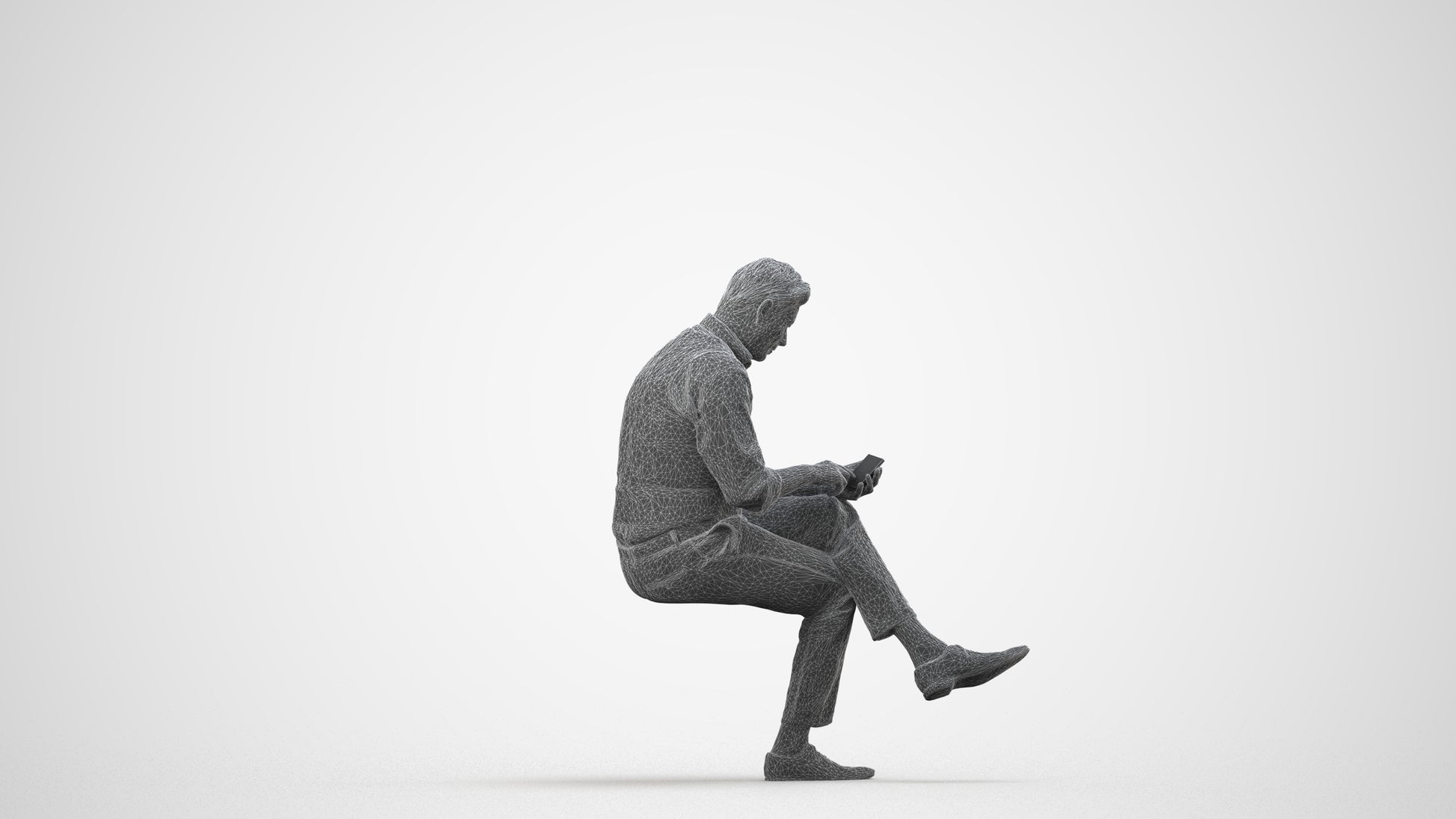 photogrammetry 3D man business sitting, realistic human model archviz FBX, wireframe side view