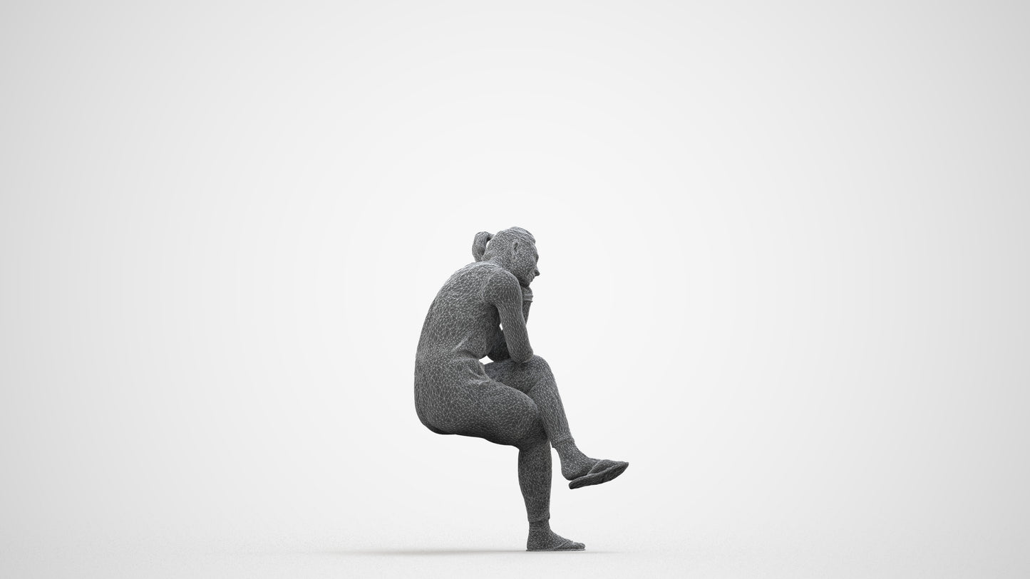 realistic 3D woman casual sitting, scanned archviz people for Blender and 3ds Max, wireframe side view