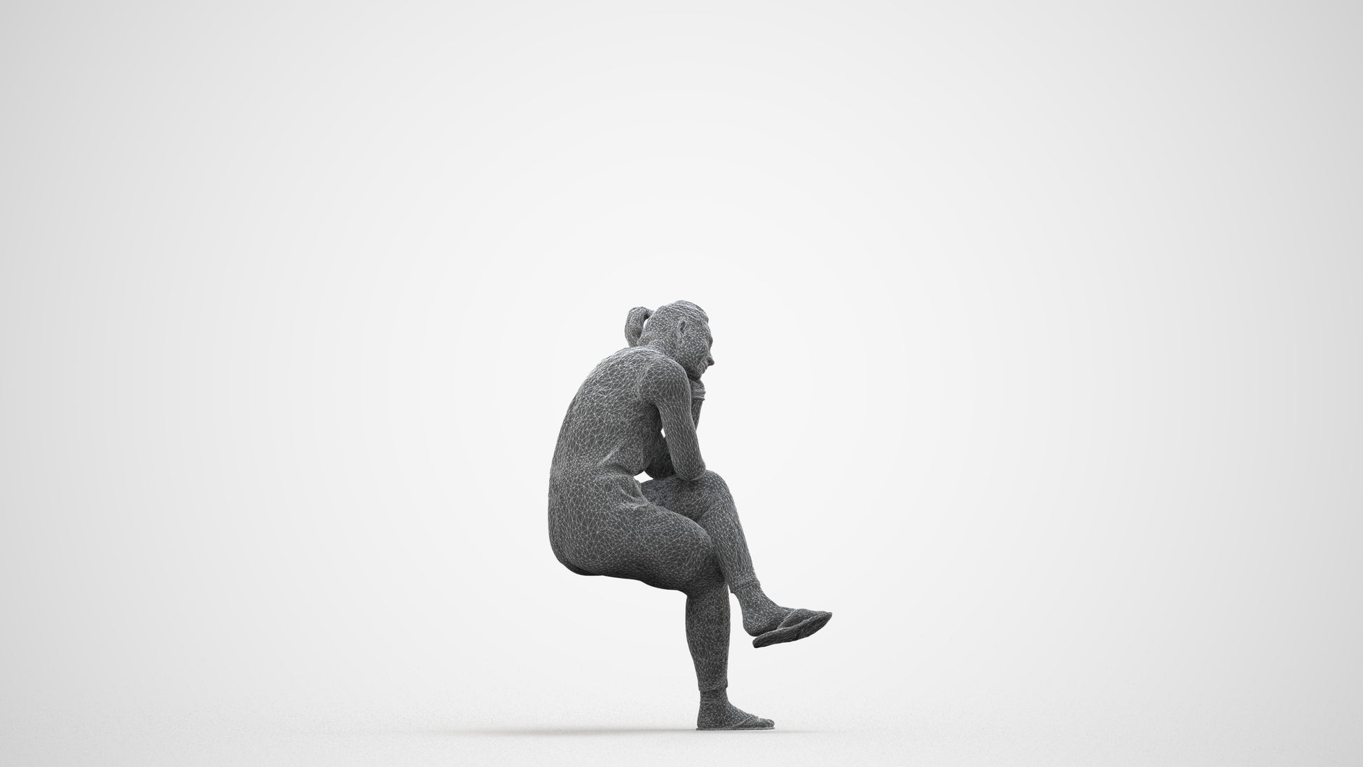 realistic 3D woman casual sitting, scanned archviz people for Blender and 3ds Max, wireframe side view